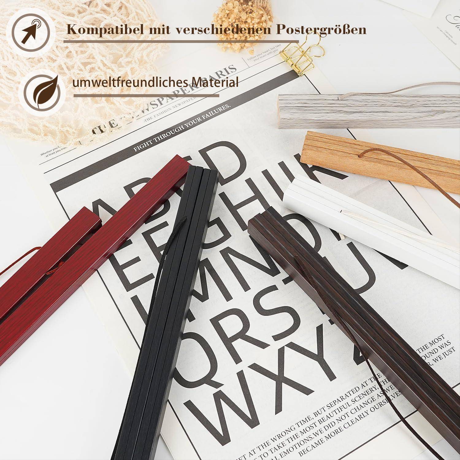 Verschiedene Posterrahmen und Text auf Deutsch, die Kompatibilität mit unterschiedlichen Größen und umweltfreundlichem Material anzeigen.