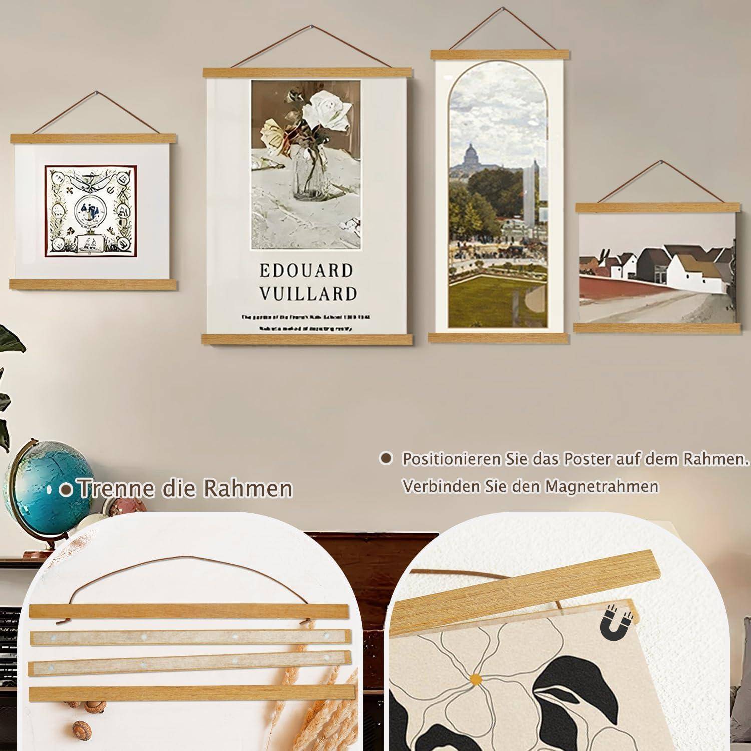 Vier Kunstdrucke sind an einer Wand mit Holzrahmen aufgehängt. Zwei Einblendungen zeigen Nahaufnahmen der magnetischen Rahmendetails. Der Text auf Deutsch gibt Anweisungen zur Positionierung.