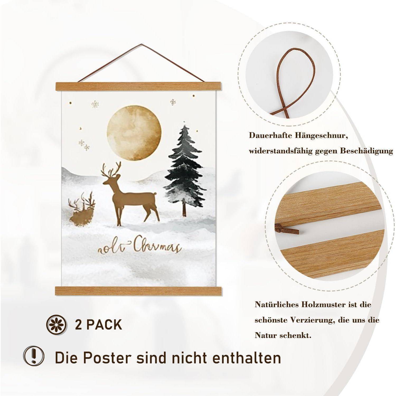 Ein Wandposter mit einer Szene mit Hirsch, Baum und Mond, gekennzeichnet als 'Solo Charms'. Enthält Details zu einer robusten Aufhängungsschnur und natürlichen Holzleisten.