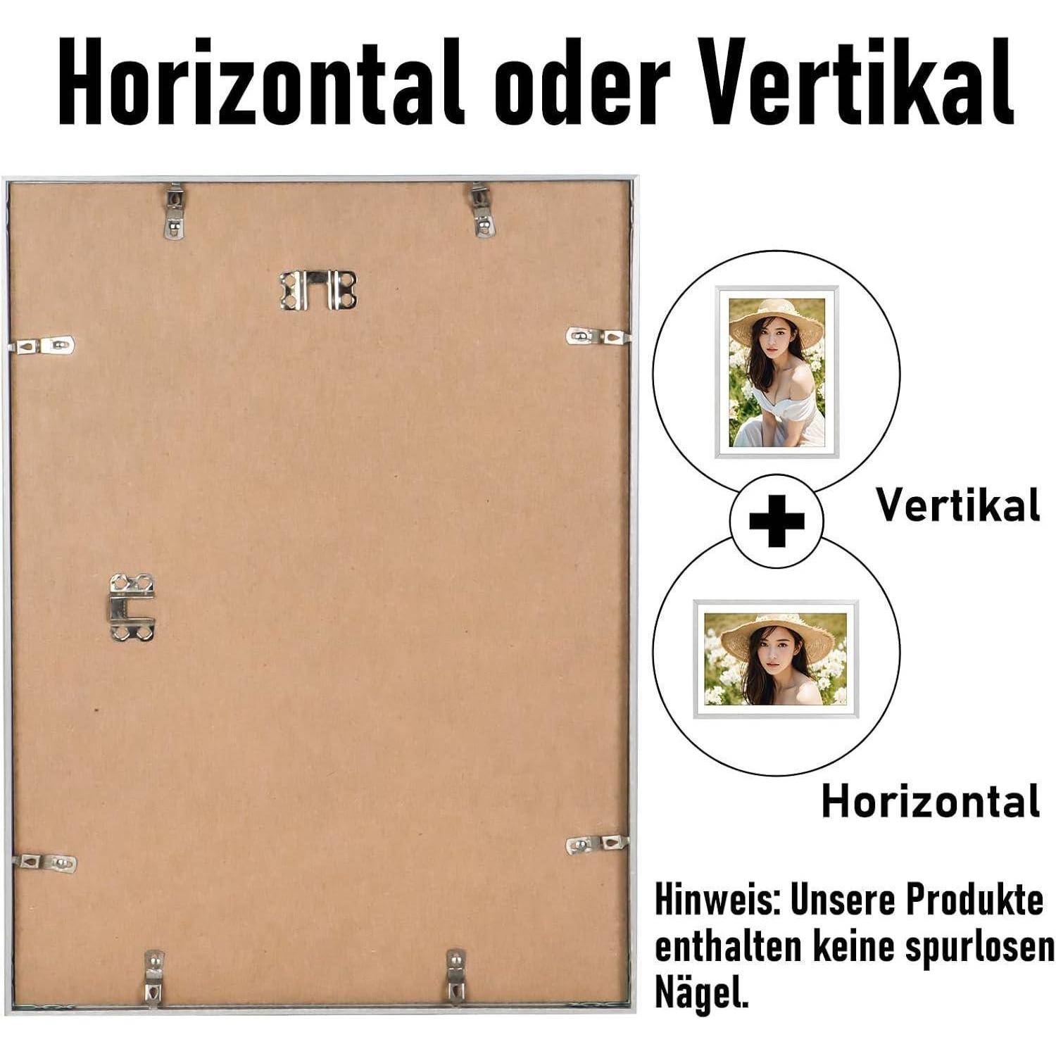 Brauner Bilderrahmen, der mit zwei kreisförmigen Bildern einer Frau dargestellt wird. Pfeile zeigen, dass der Rahmen "Vertikal"" oder ""Horizontal"" verwendet werden kann. Hinweis: ""Unsere Produkte enthalten keine spurlosen Nägel"".