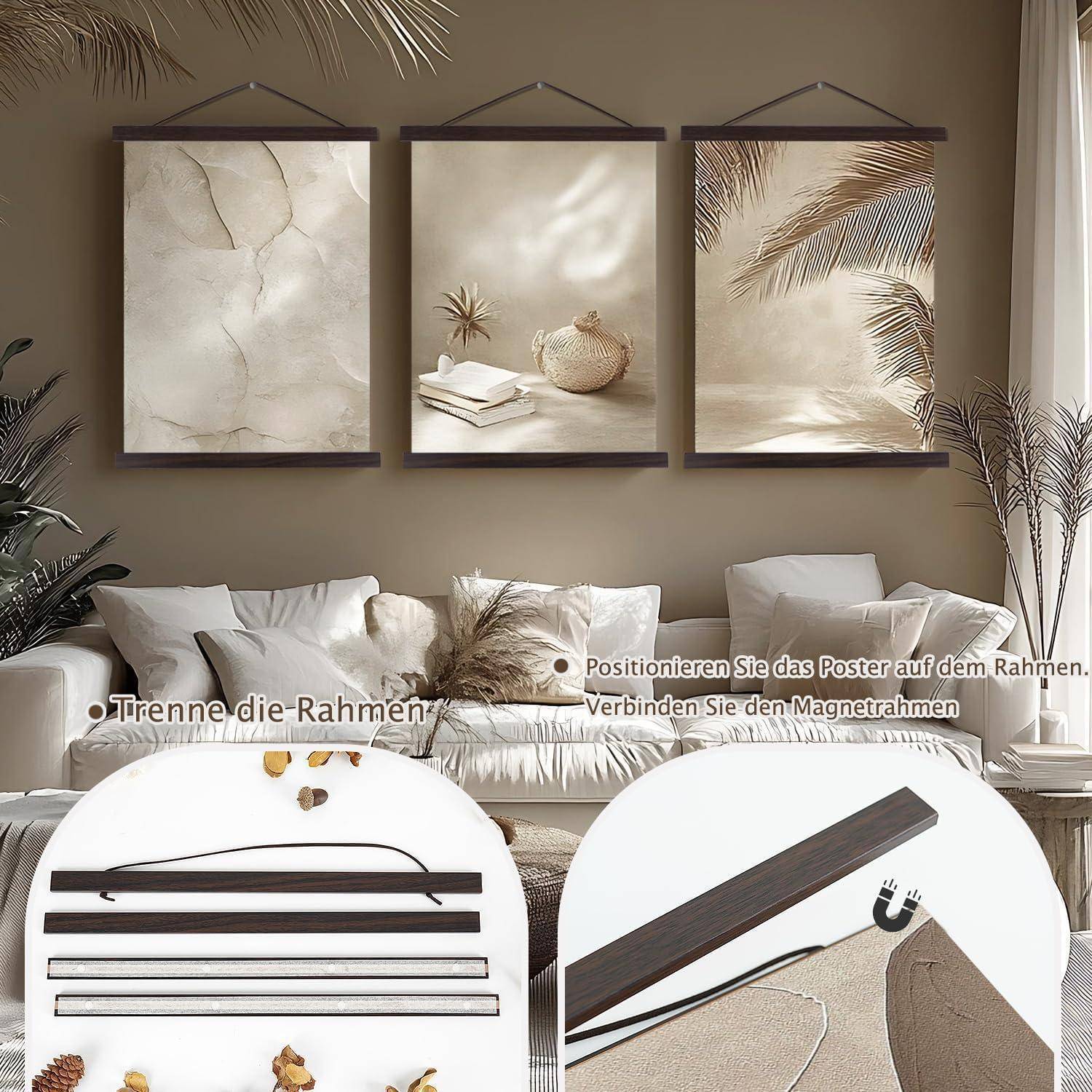 Ein Wohnzimmer zeigt drei wandfarbene Kunstwerke über einem Sofa. Darunter befinden sich Anweisungen zum Aufhängen von Wandkunst mit magnetischen Rahmen.