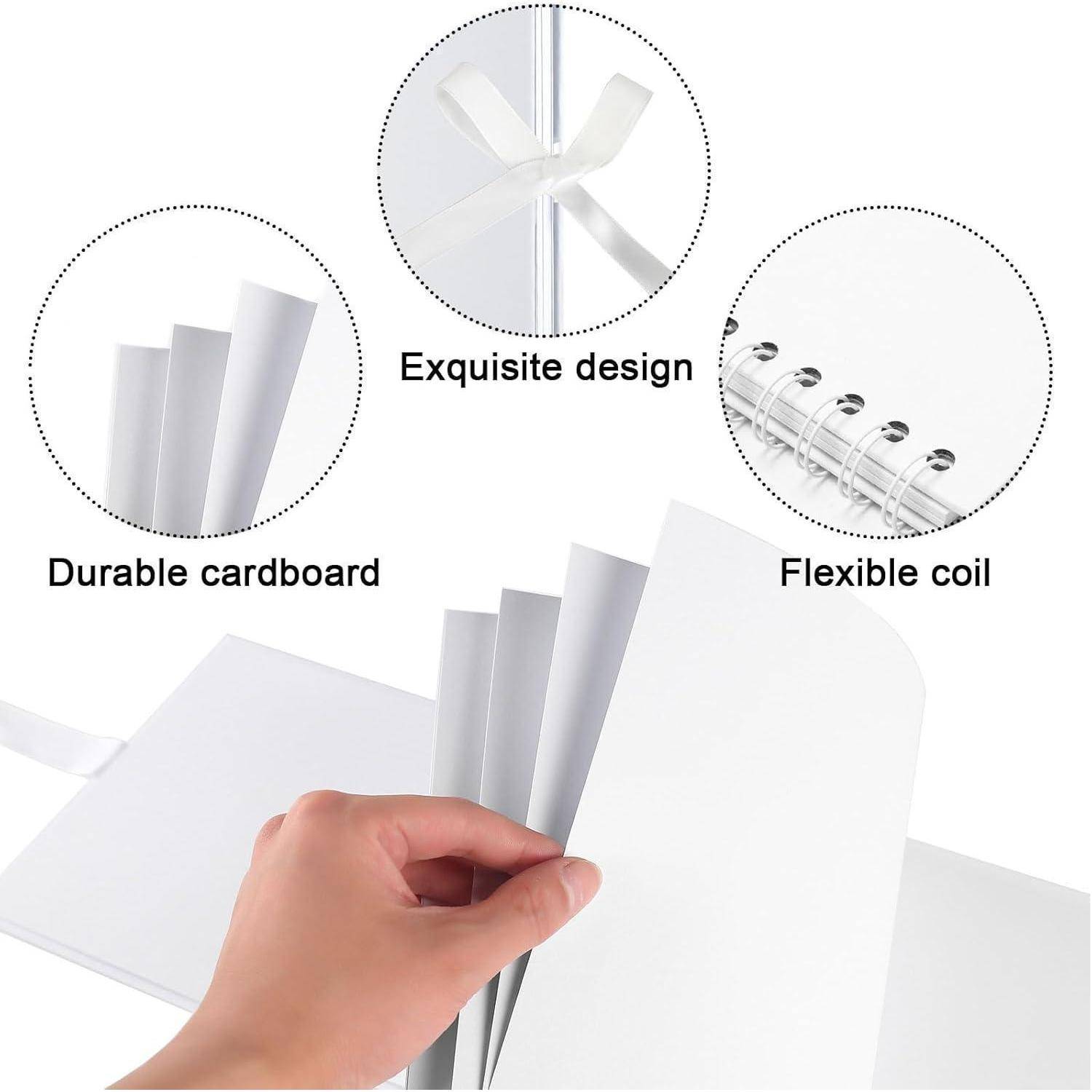 Eine Hand blättert durch ein weißes Notizbuch, das folgende Merkmale hervorhebt: ‚Exquisites Design' mit einem Band, ‚Robuste Pappe' und ‚Flexible Spiralbindung'.