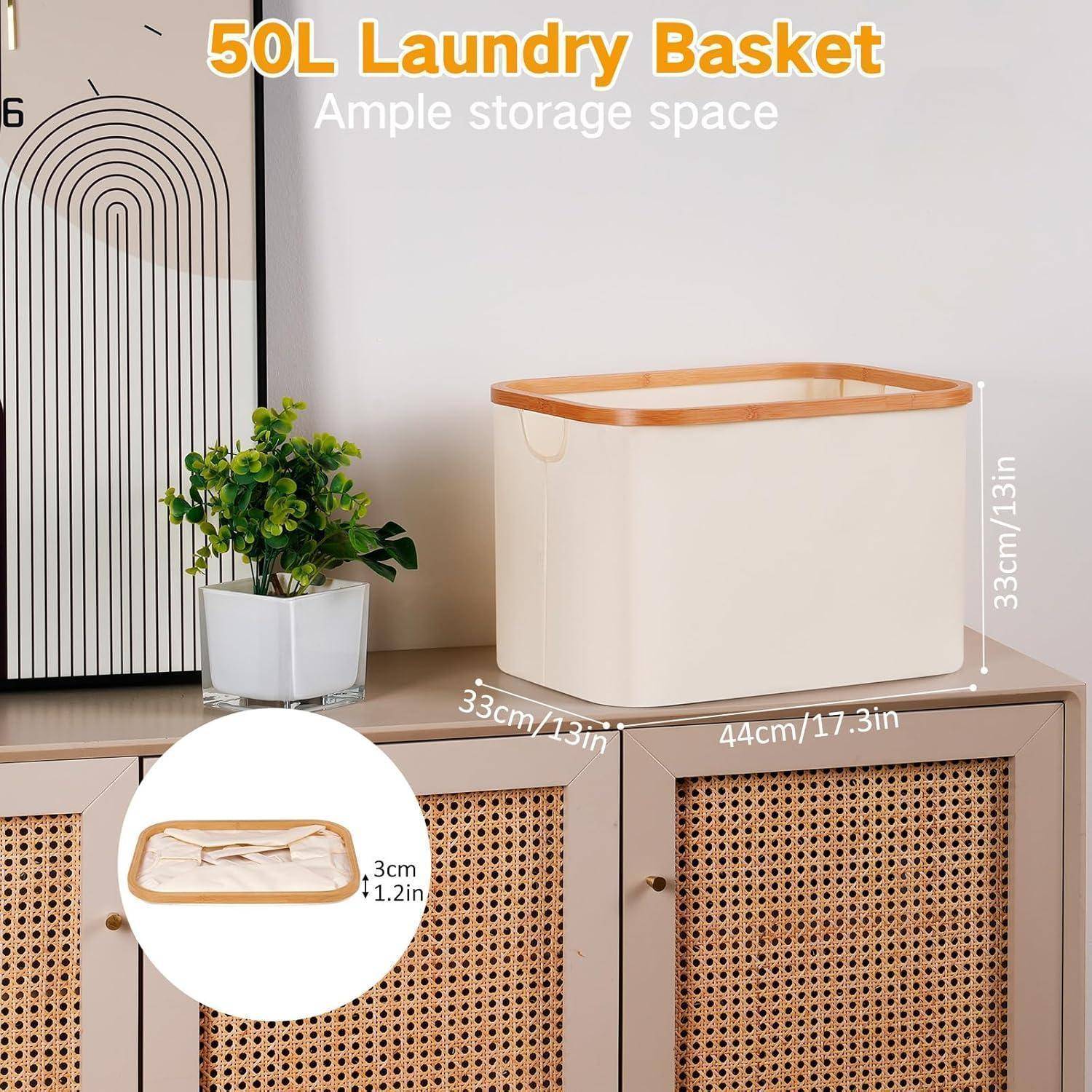 Wäschekorb Faltbar 50L Bambus Aufbewahrung Beige-50l