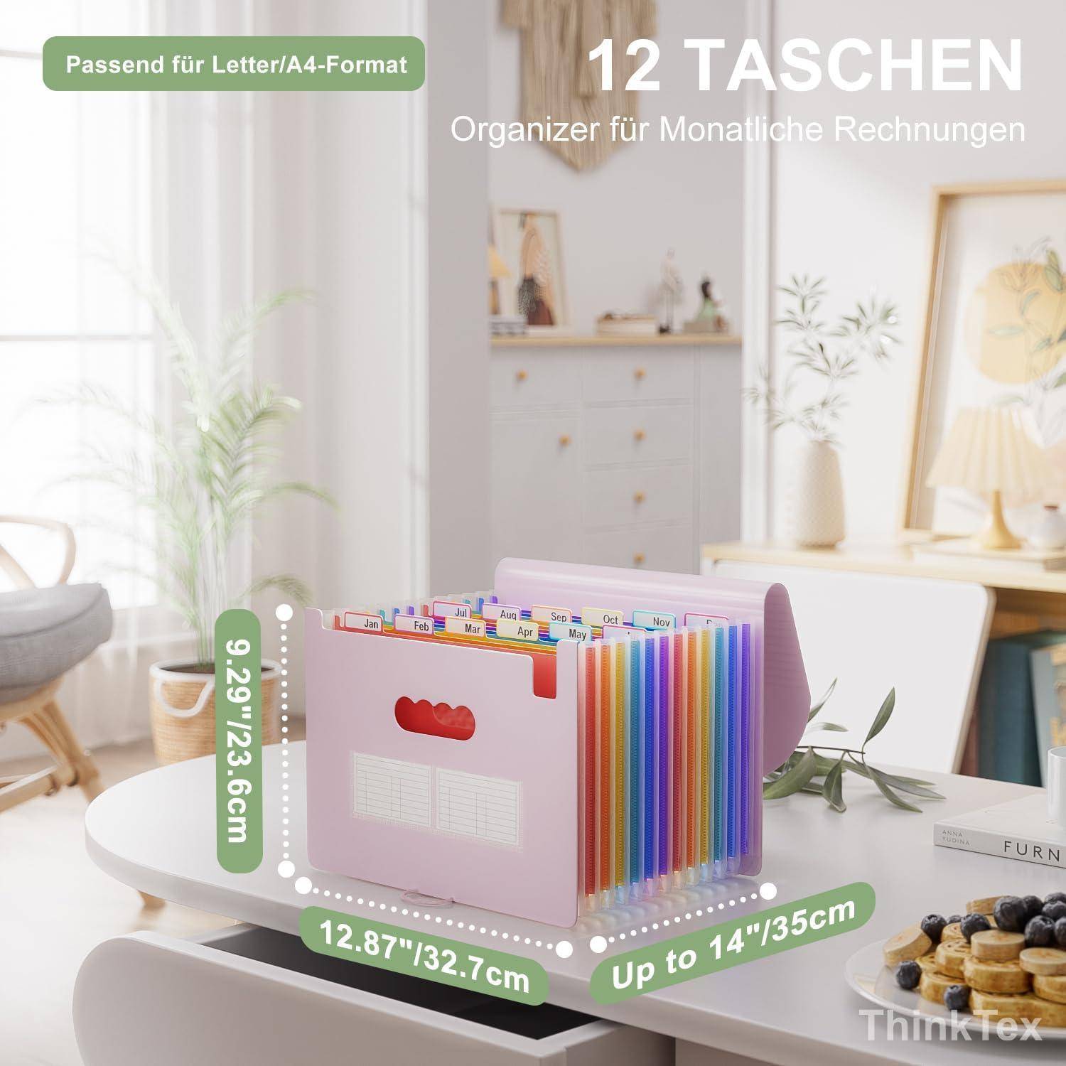Dokumentenmappe A4 12 Fächer Ordner Gummizug Verschluss Morandi Lila
