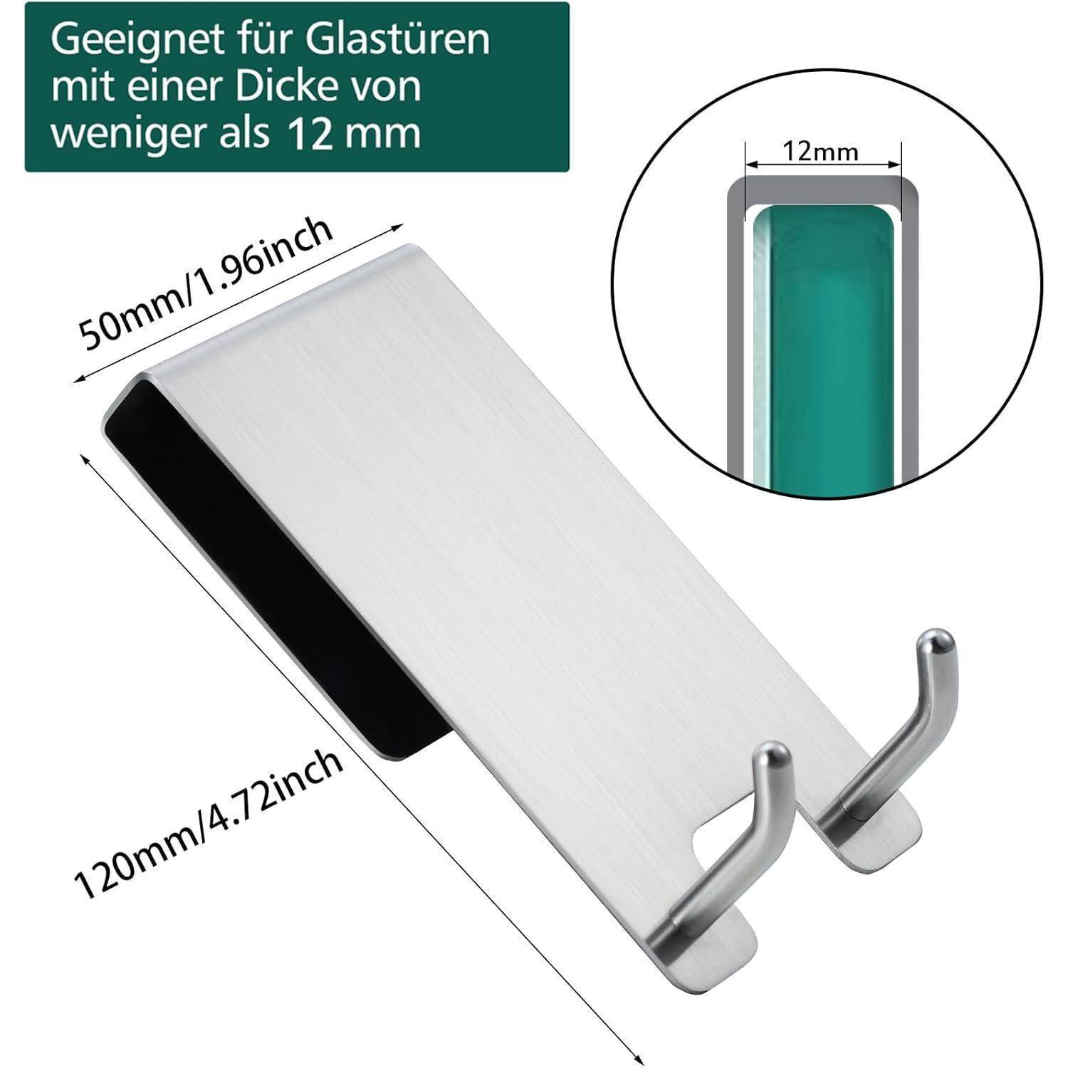 Ein silberner Metallhaken, konzipiert für Glastüren, mit folgenden Abmessungen: 50mm x 120mm. Geeignet für Türen mit einer Dicke von weniger als 12mm.