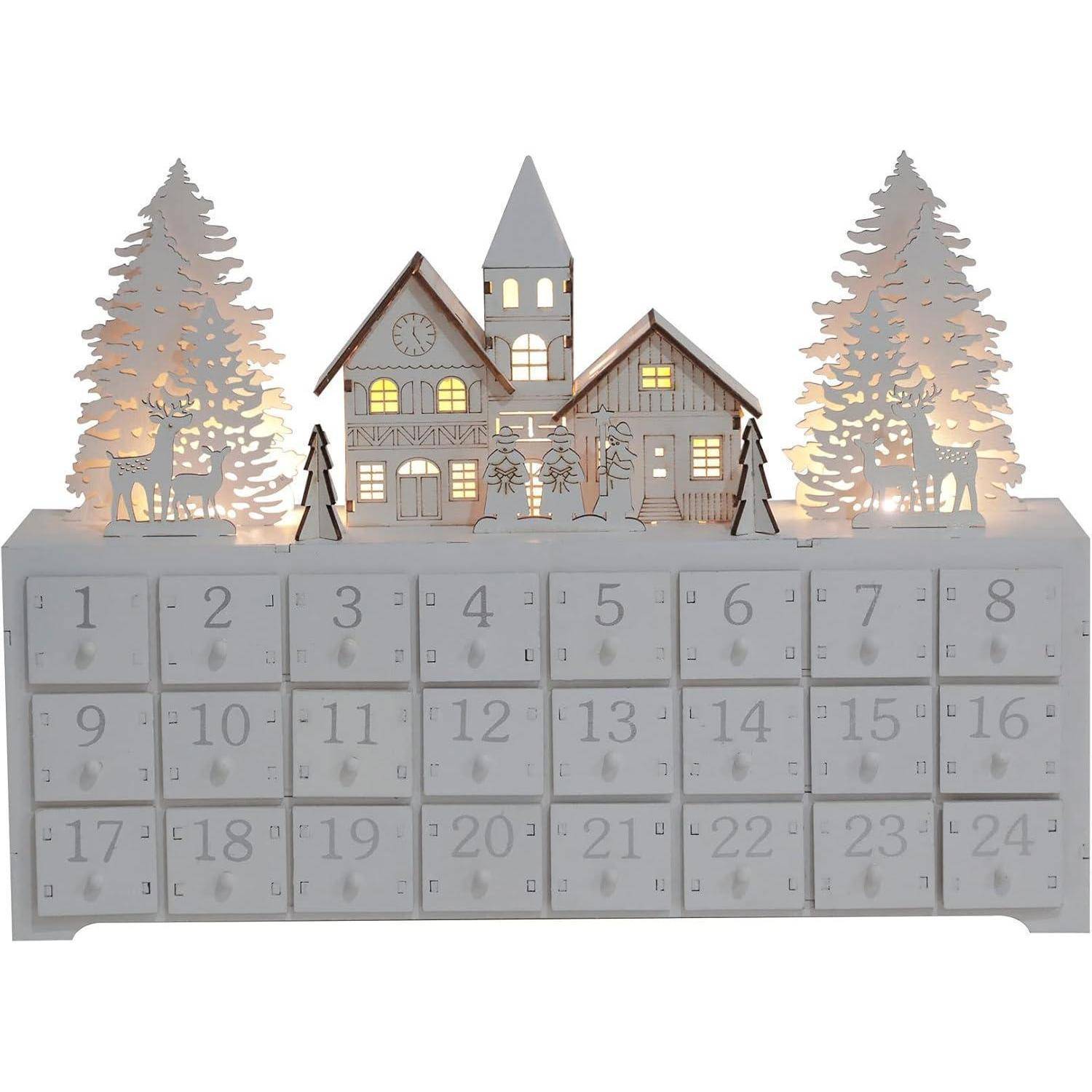 Adventskalender Holz mit LED 24 Schubladen zum Befüllen Winterwald