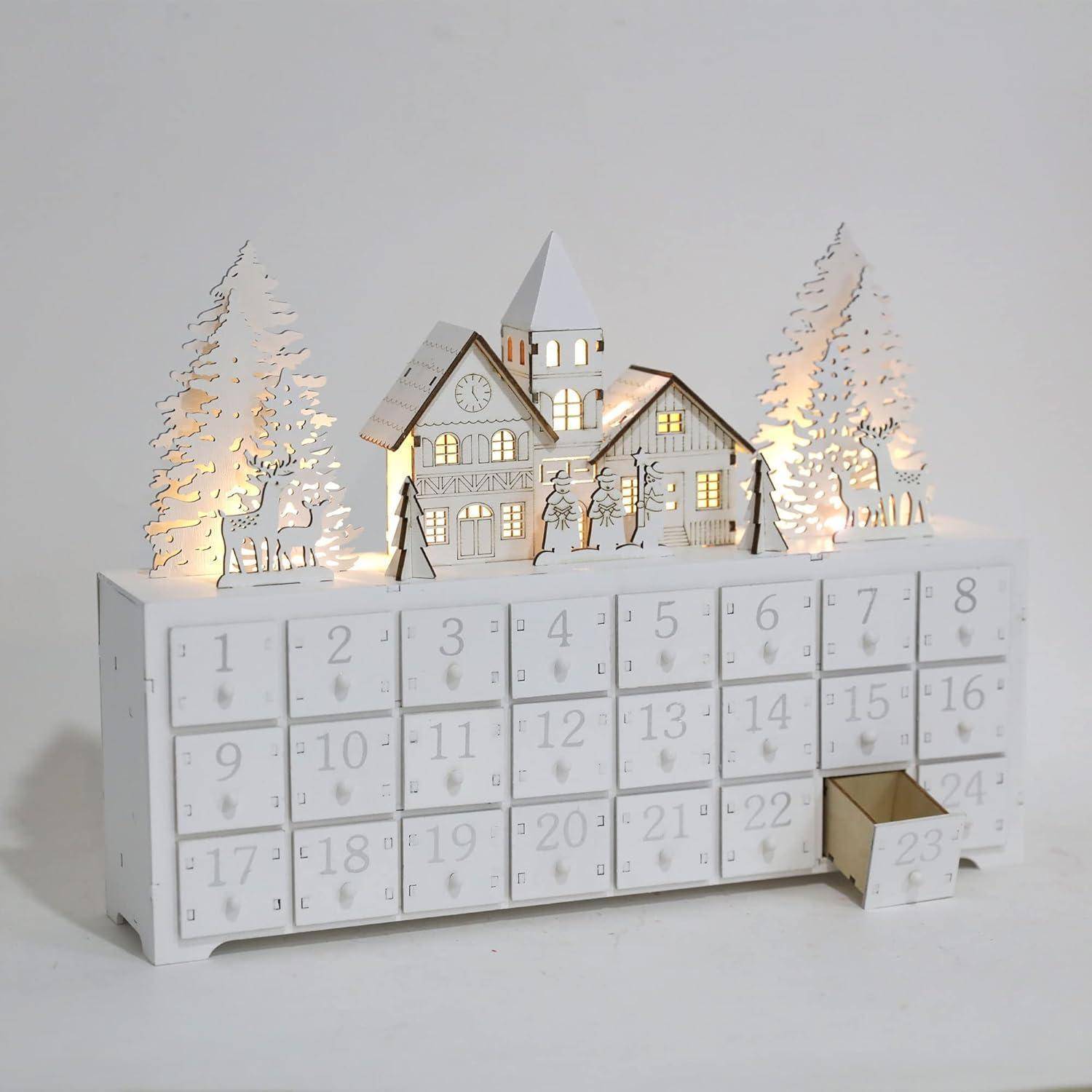 Adventskalender Holz mit LED 24 Schubladen zum Befüllen Winterwald
