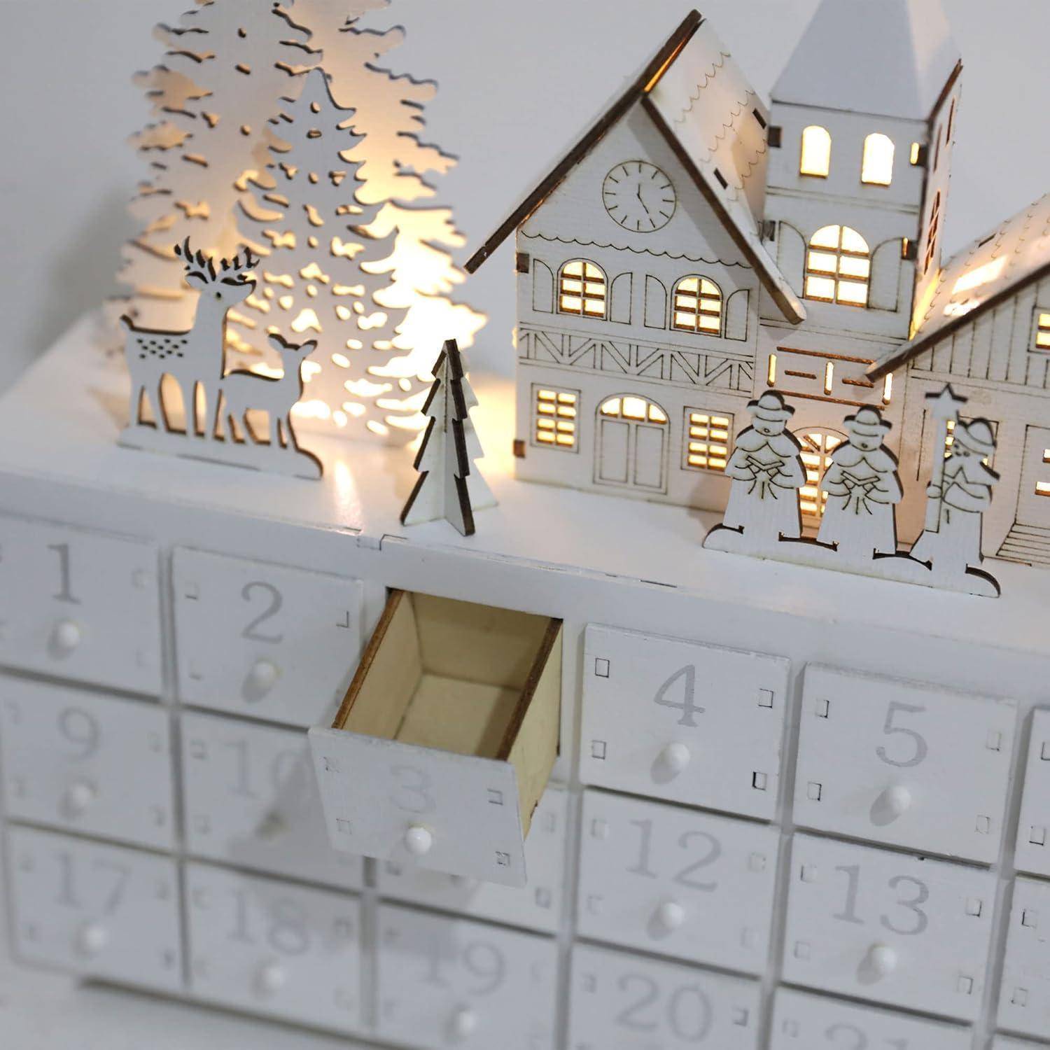 Adventskalender Holz mit LED 24 Schubladen zum Befüllen Winterwald