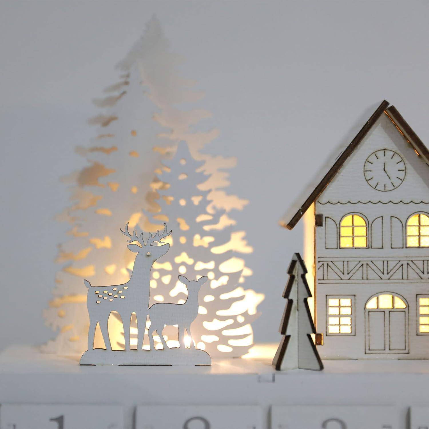 Adventskalender Holz mit LED 24 Schubladen zum Befüllen Winterwald