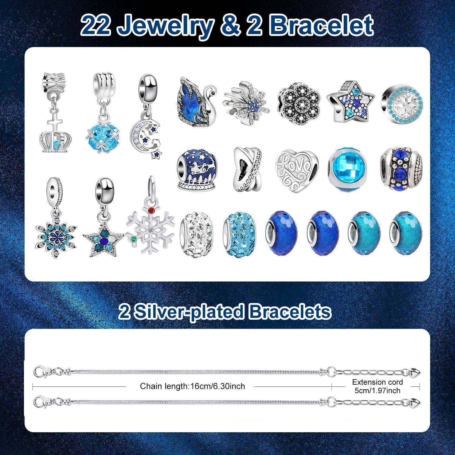 22 Schmuck & 2 Armband' Set, das verschiedene blaue und silberne Charms und Anhänger zeigt, zusammen mit zwei versilberten Armbändern mit Kettenlänge und Verlängerungskordel-Maßen.