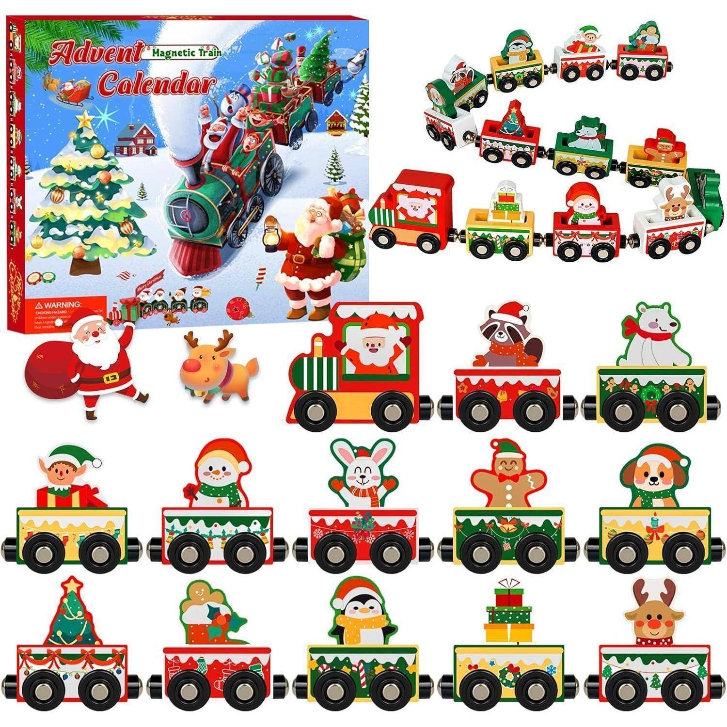 Adventskalender mit einer magnetischen Eisenbahn mit Weihnachtsmann, Schneemännern und festlichen Tieren auf bunten Waggons, vor einer winterlichen Kulisse.