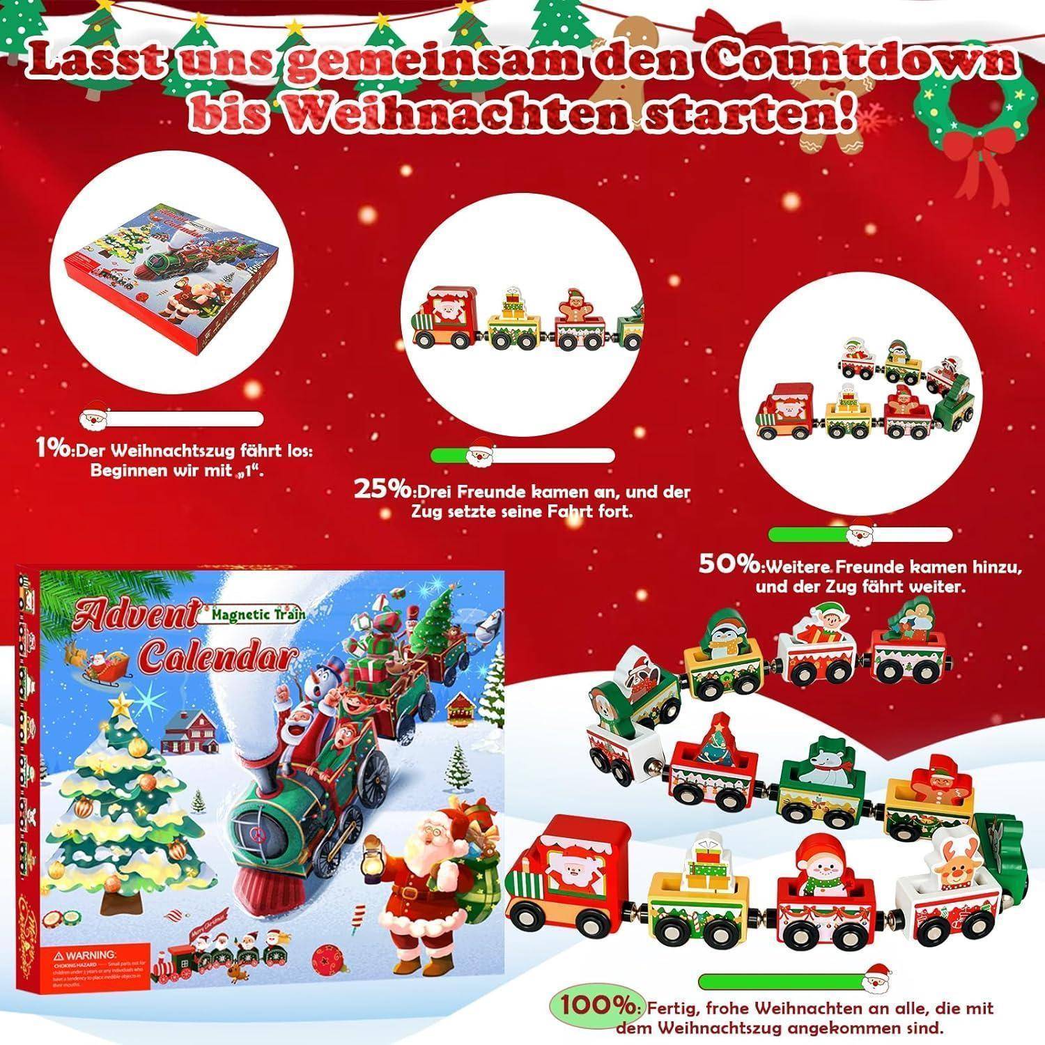 Adventskalender mit festlichen Zug-Spielzeugen. Enthält den Weihnachtsmann und weihnachtliche Charaktere. Countdown bis Weihnachten.