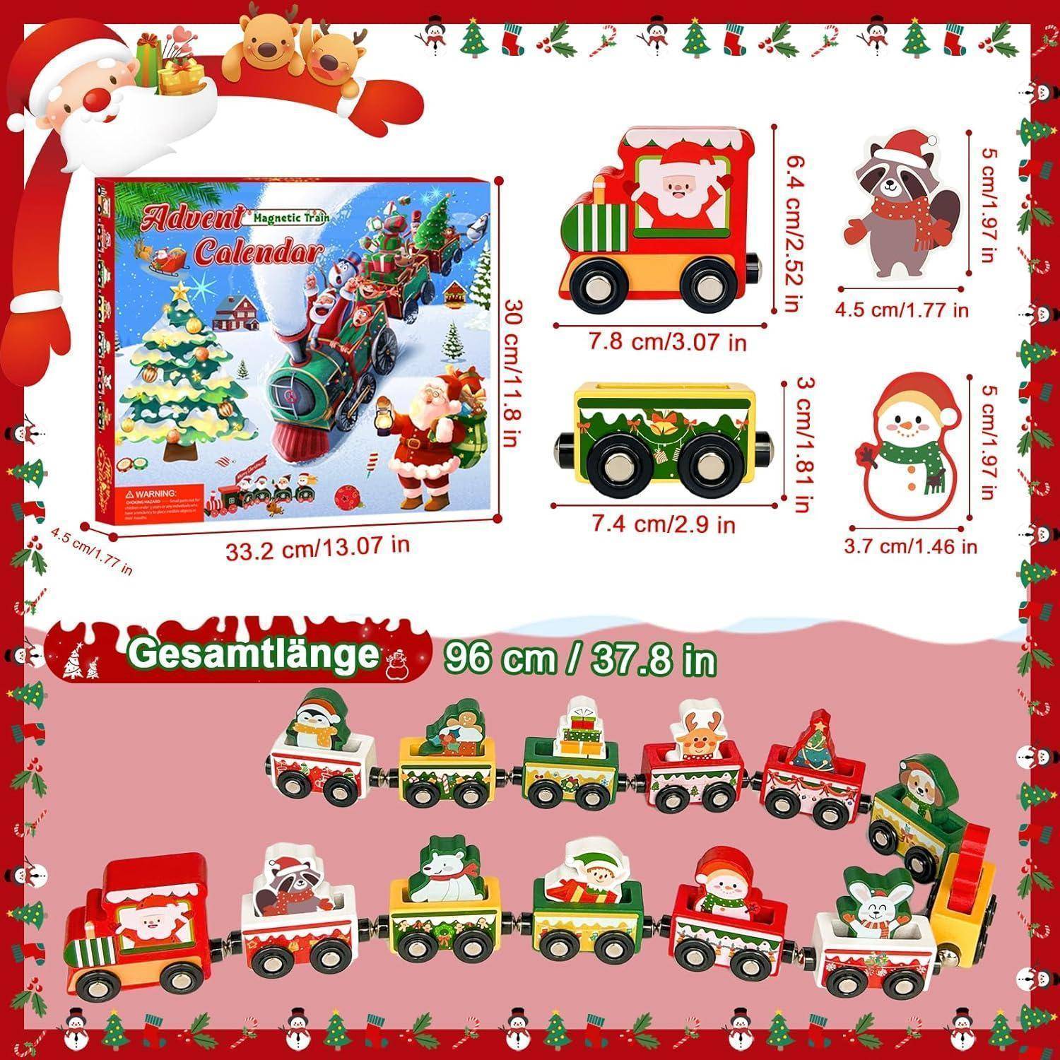 Adventskalender mit weihnachtlichen Spielzug-Elementen und Weihnachtsmann. Zuglänge: 96 cm/37,8 cm. Enthält Weihnachtsmann, Rentiere und festliche Dekoration.