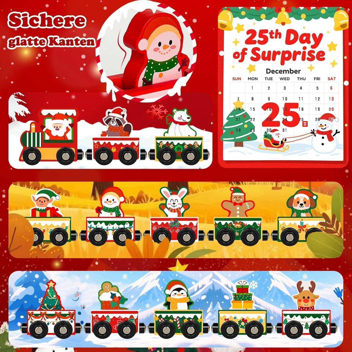Rotes Feiertagsbild mit einem Zug, der festliche Tiere und Geschenke transportiert. Ein Kalender hebt den 25. Dezember als den 