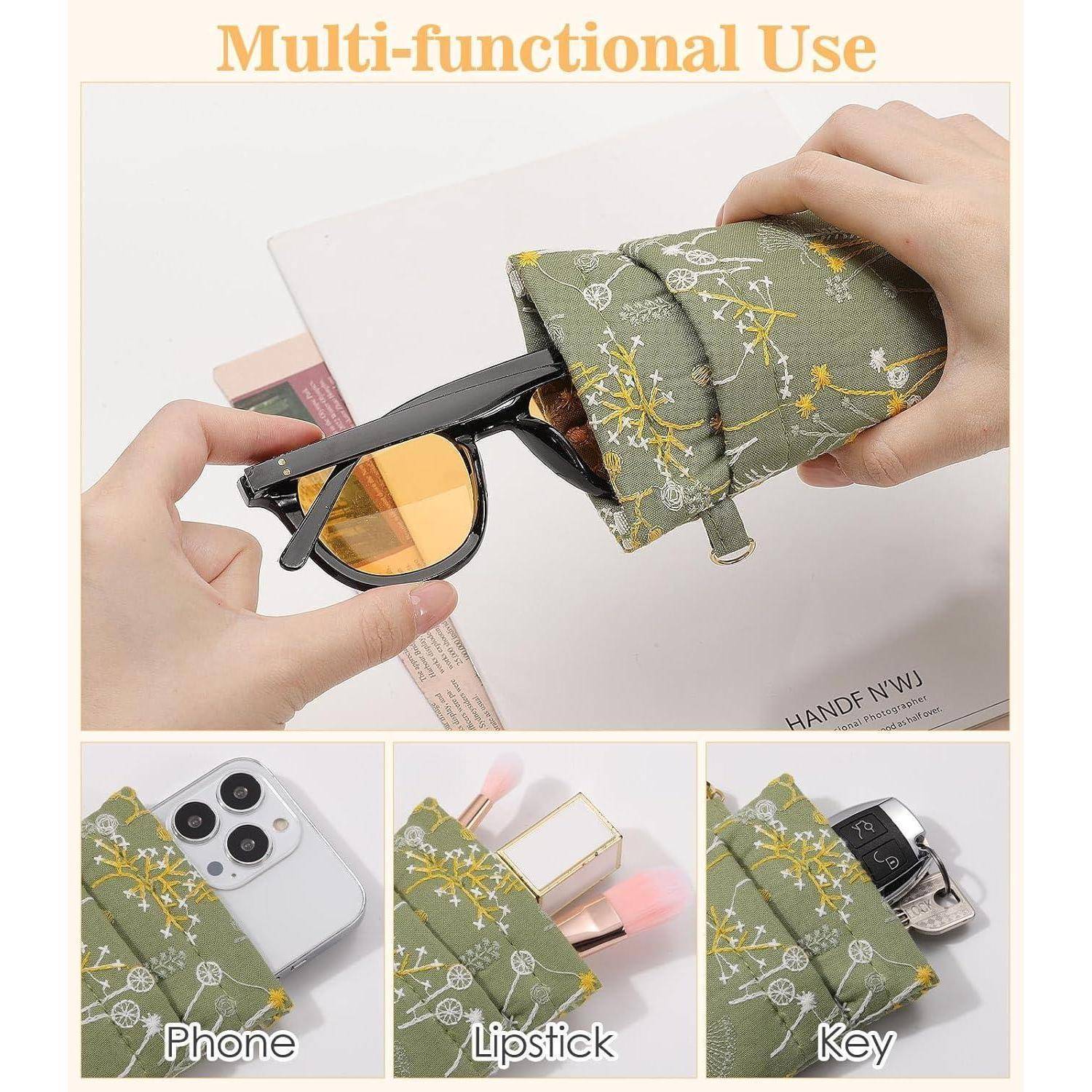 Brillenetui PU Leder Handschlaufe Damen Herren Grün & Blumen