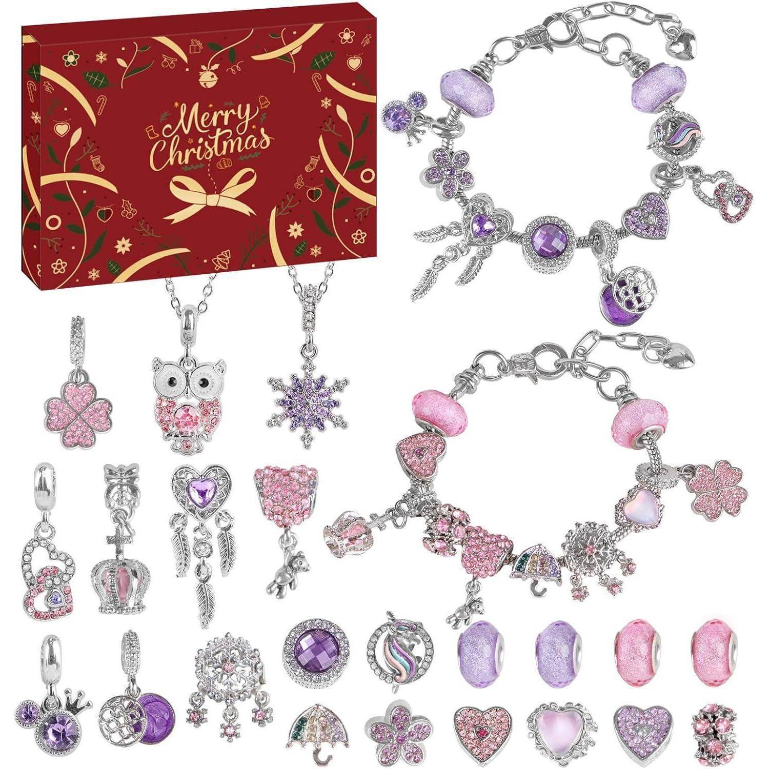 Adventskalender 2025 Schmuck Bastelset Charm Armband Rosa Violett