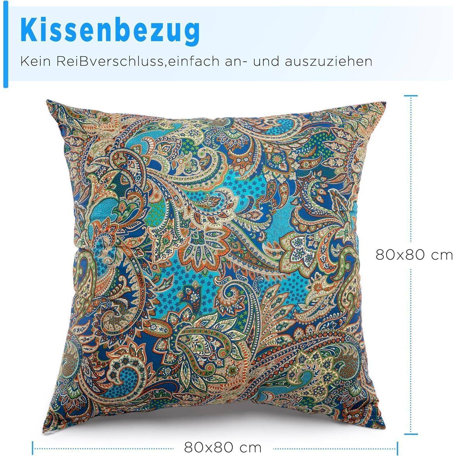 Kissenbezug, ohne Reißverschluss, leicht anzuziehen und abzunehmen. Größe: 80x80 cm. Mit einem mehrfarbigen Paisley-Muster.