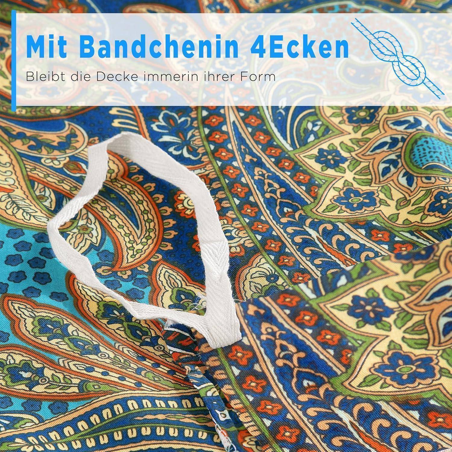 Ein lebhafter, gemusterter Stoff mit einem weißen Träger darauf. Eine Bildunterschrift liest sich: 