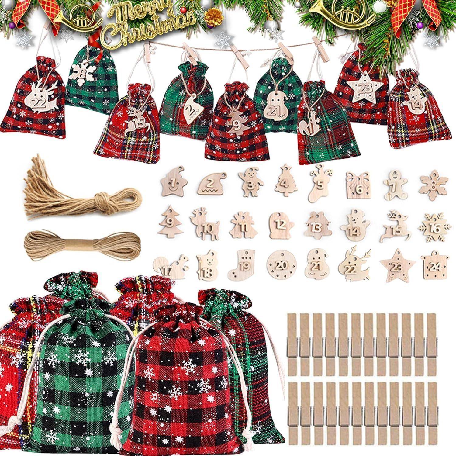 Adventskalender Leinenbeutel 24 Tage mit Kordelzug Holzklammern