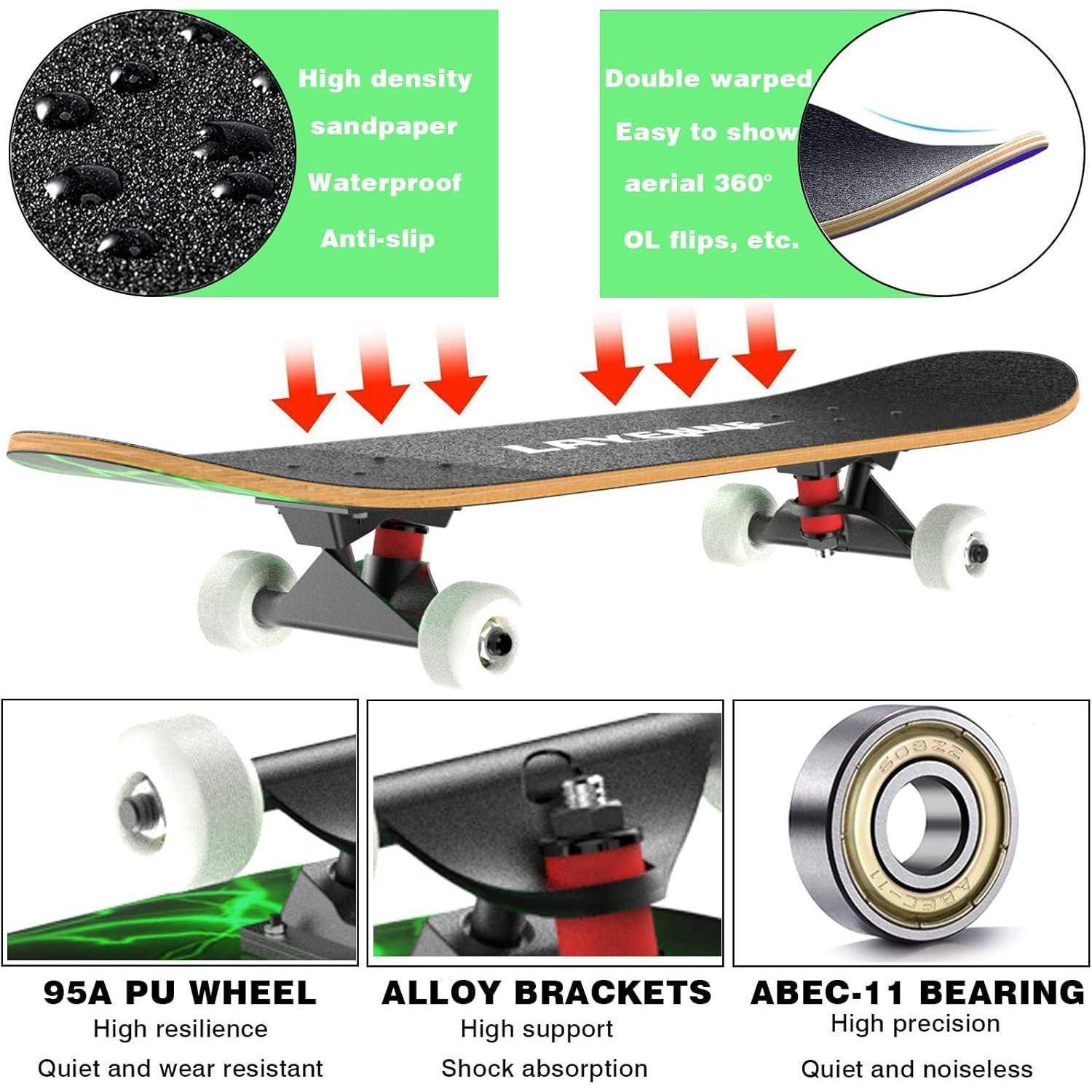 Skateboard 31x8 Zoll Komplett 7 Schichten Ahorn Deck ABEC11 Verde