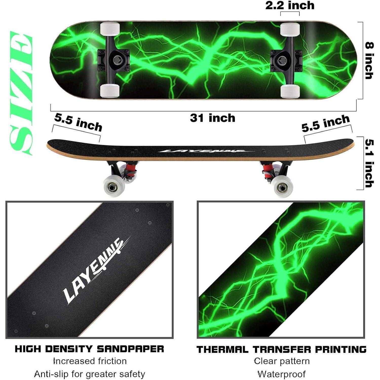Skateboard 31x8 Zoll Komplett 7 Schichten Ahorn Deck ABEC11 Verde