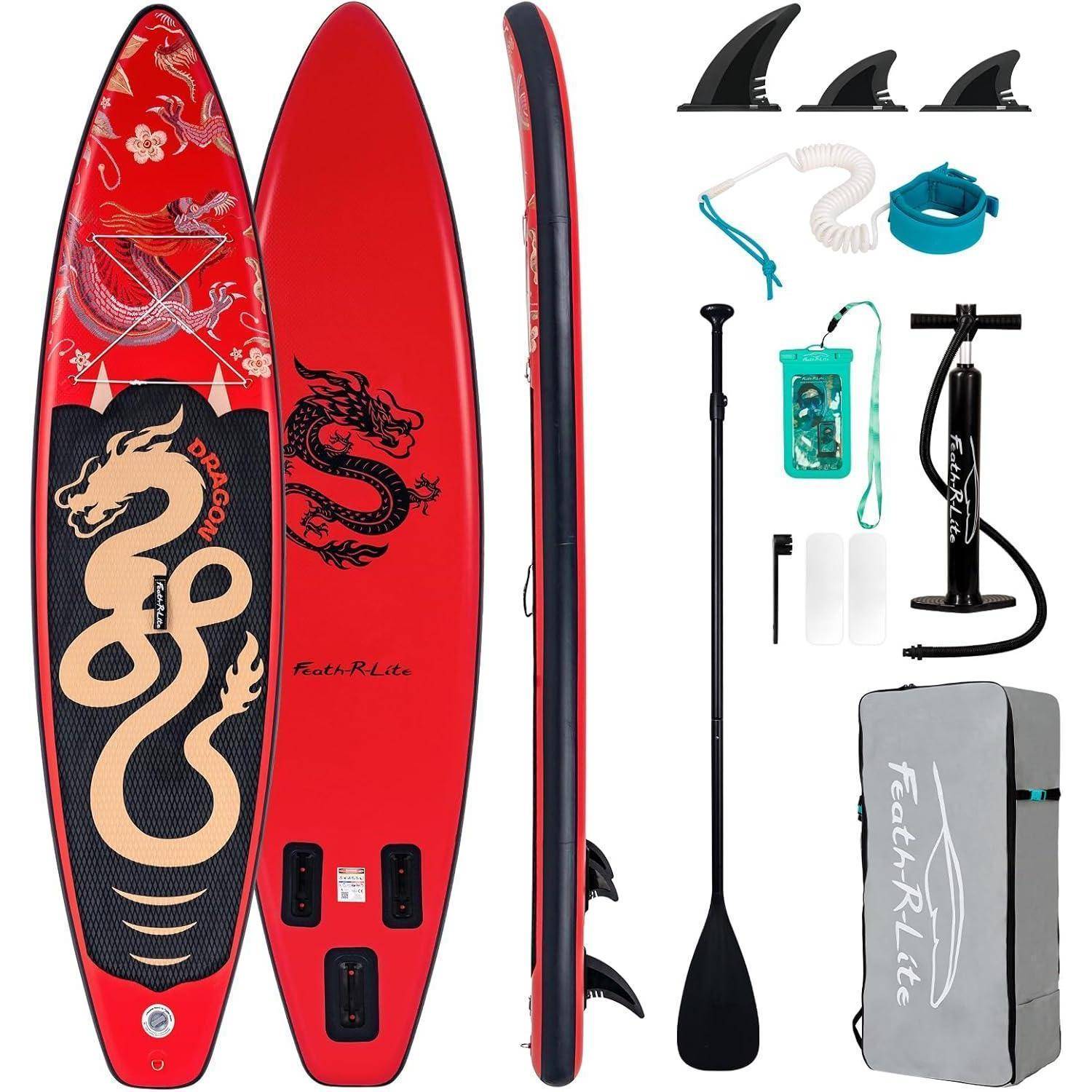 SUP Board Aufblasbar Handpumpe Paddel Rucksack Leine DRACHE ROT