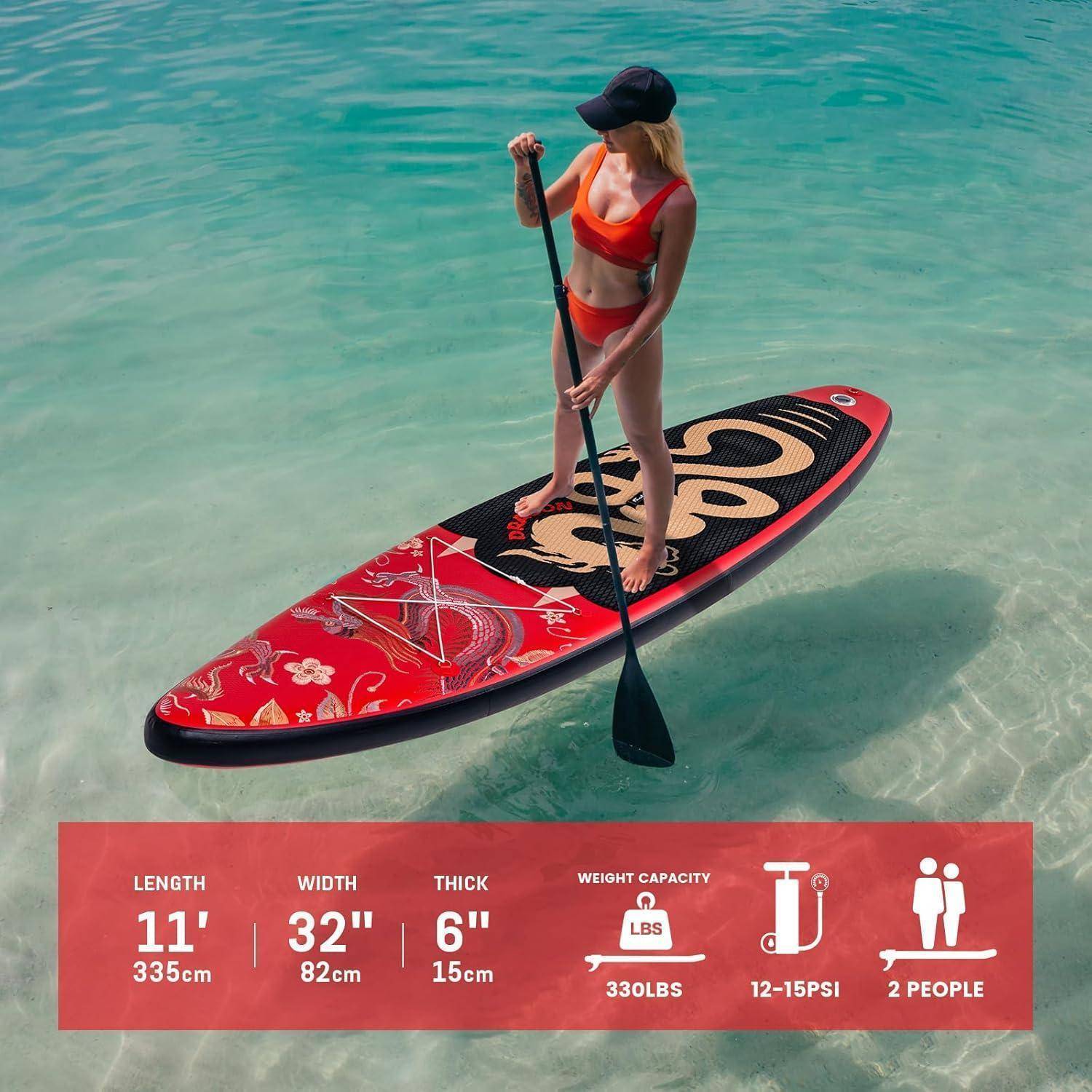 SUP Board Aufblasbar Handpumpe Paddel Rucksack Leine DRACHE ROT