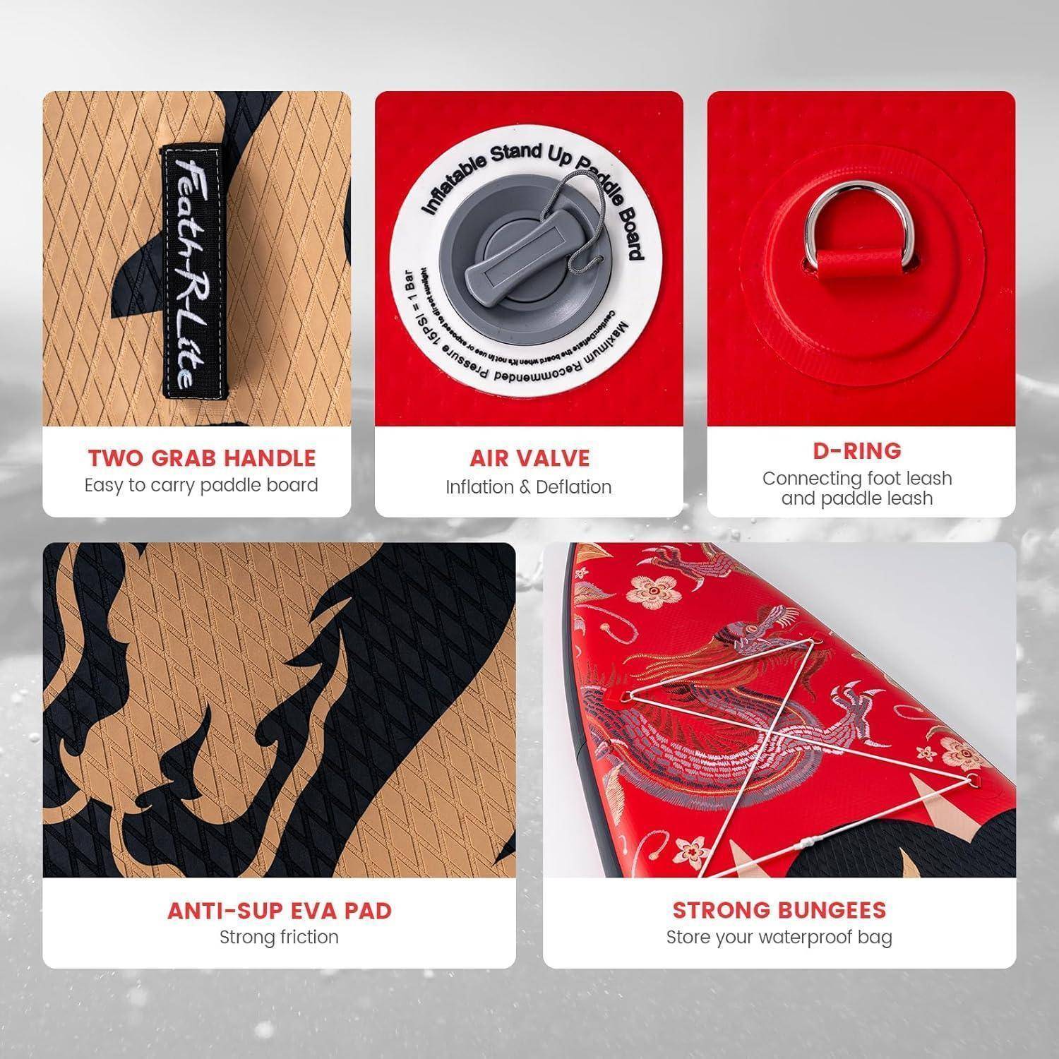 SUP Board Aufblasbar Handpumpe Paddel Rucksack Leine DRACHE ROT