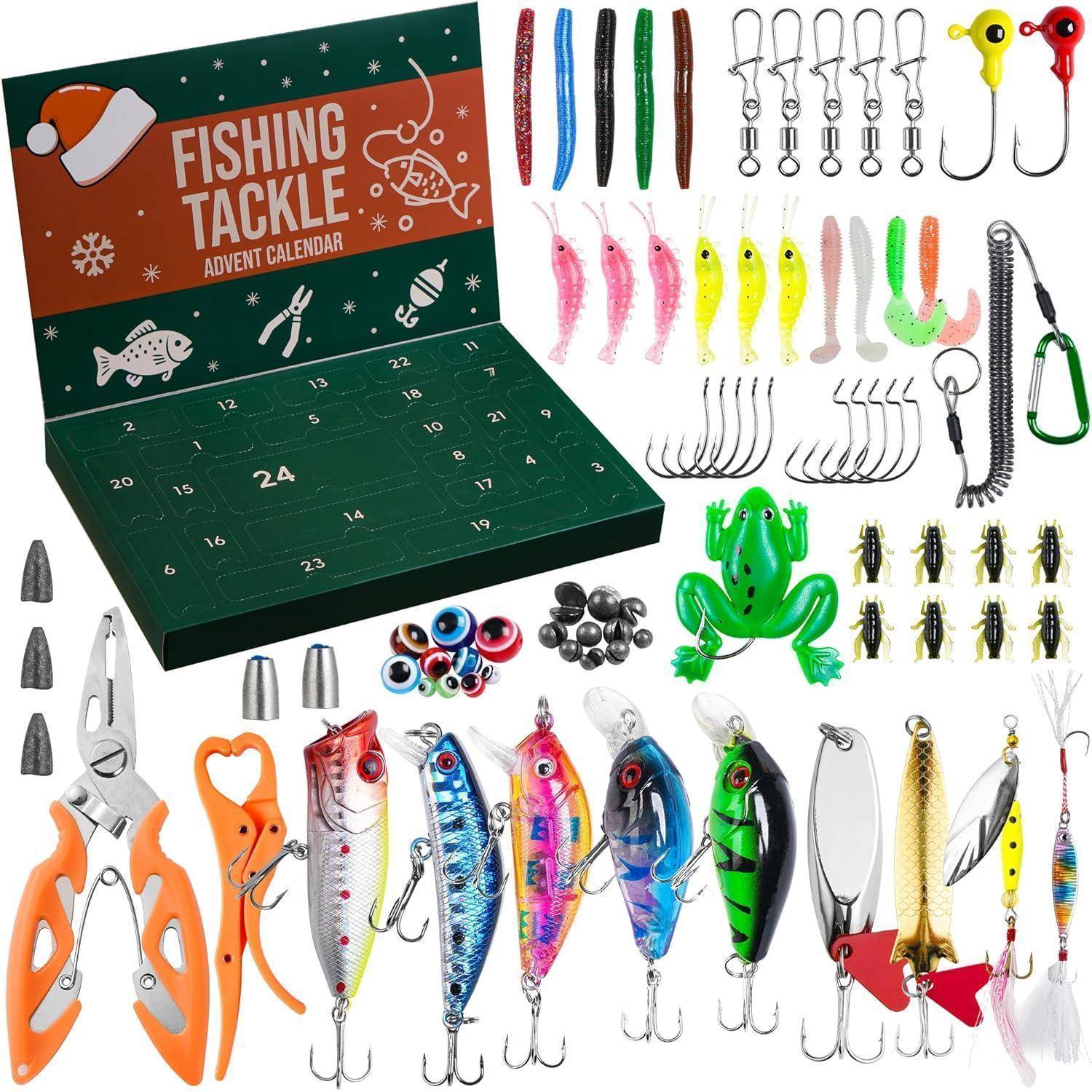 Adventskalender 2025 mit 77 Teilen Ködern Zange Fischgreifer für