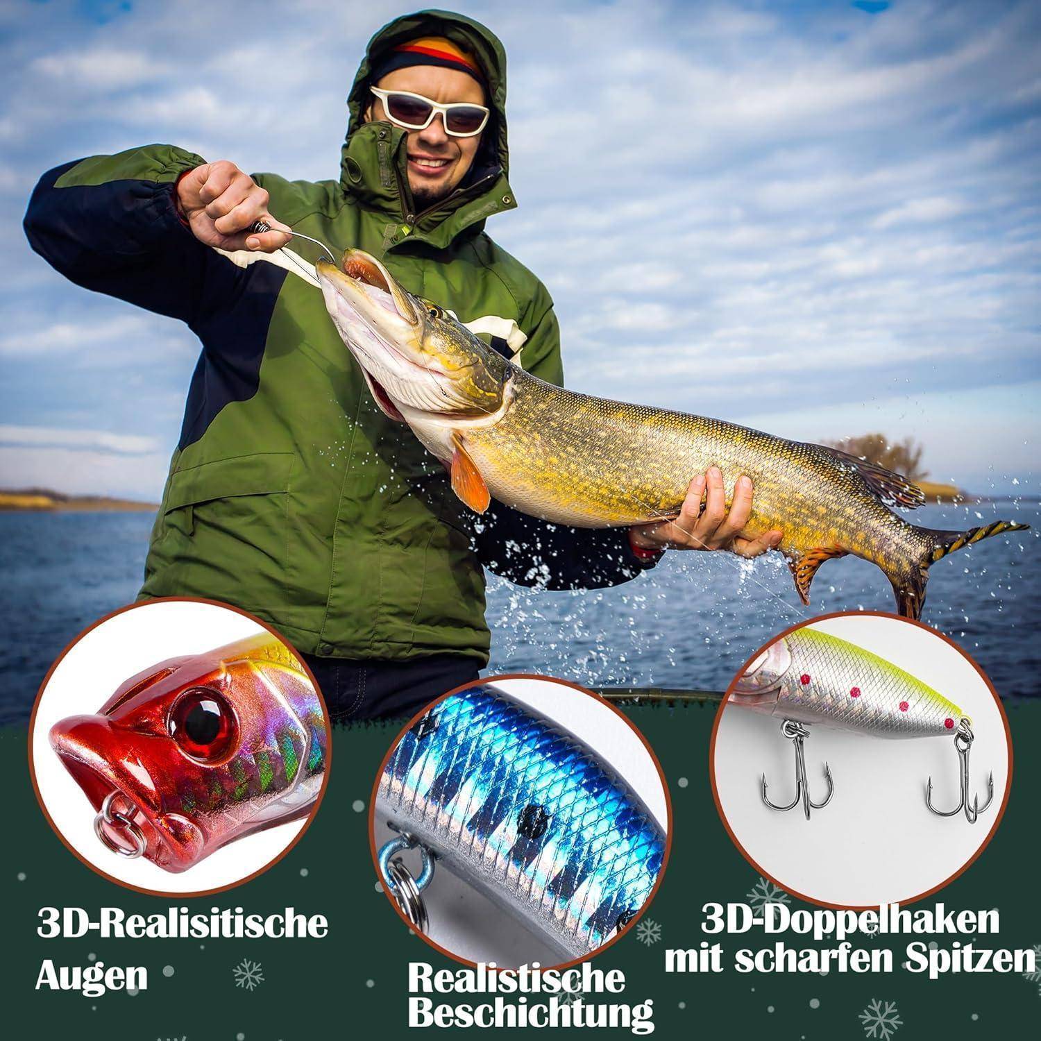 Adventskalender 2025 mit 77 Teilen Ködern Zange Fischgreifer für