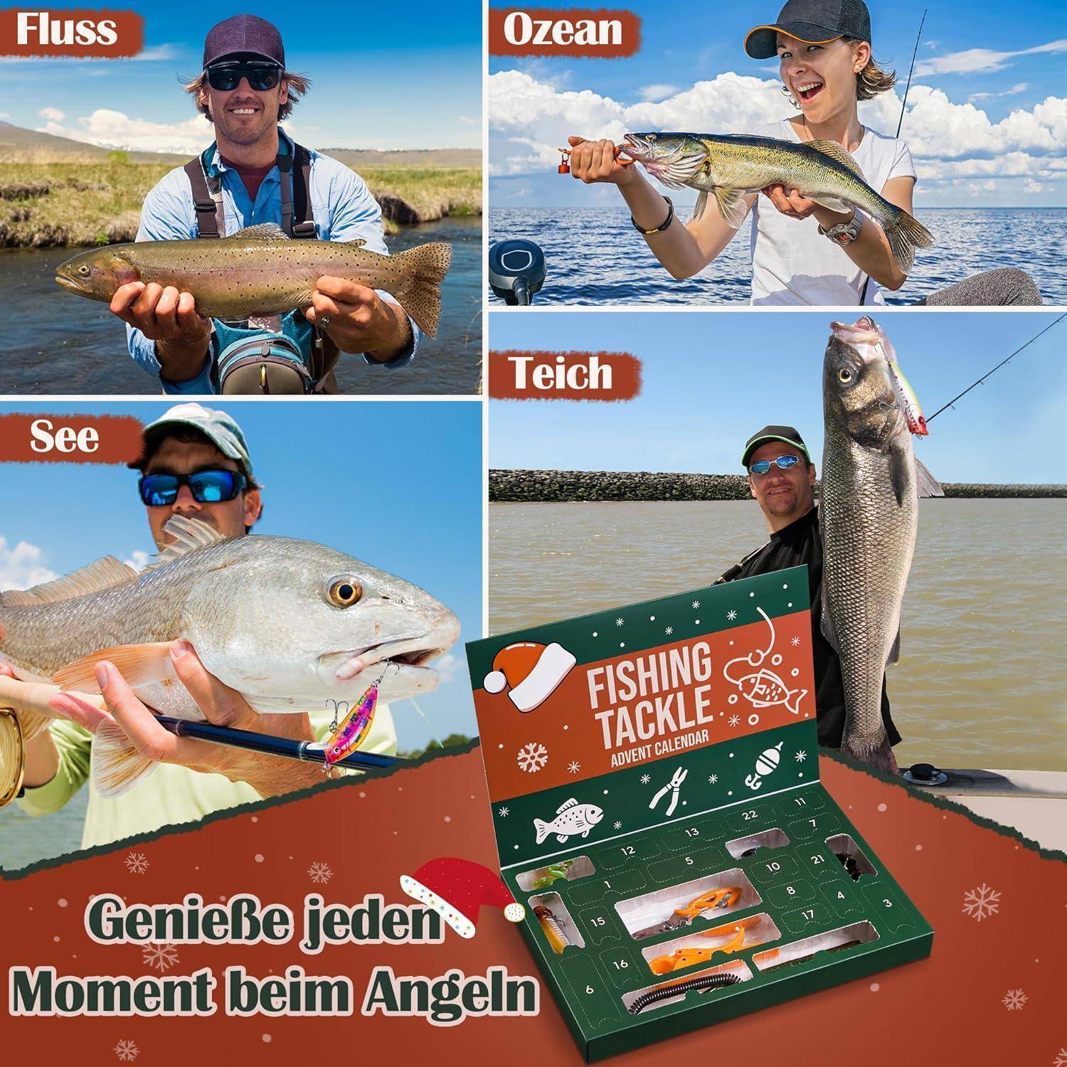 Adventskalender 2025 mit 77 Teilen Ködern Zange Fischgreifer für