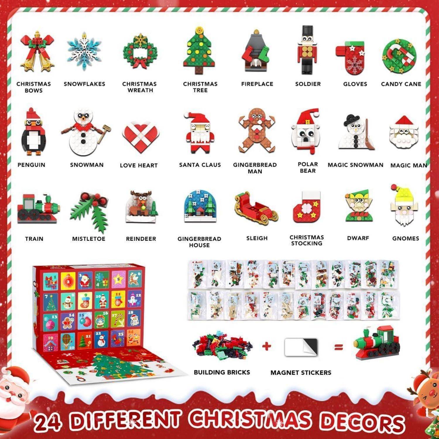 Bauspielset 2025 Adventskalender mit 24 Kühlschrankmagneten für Kinder