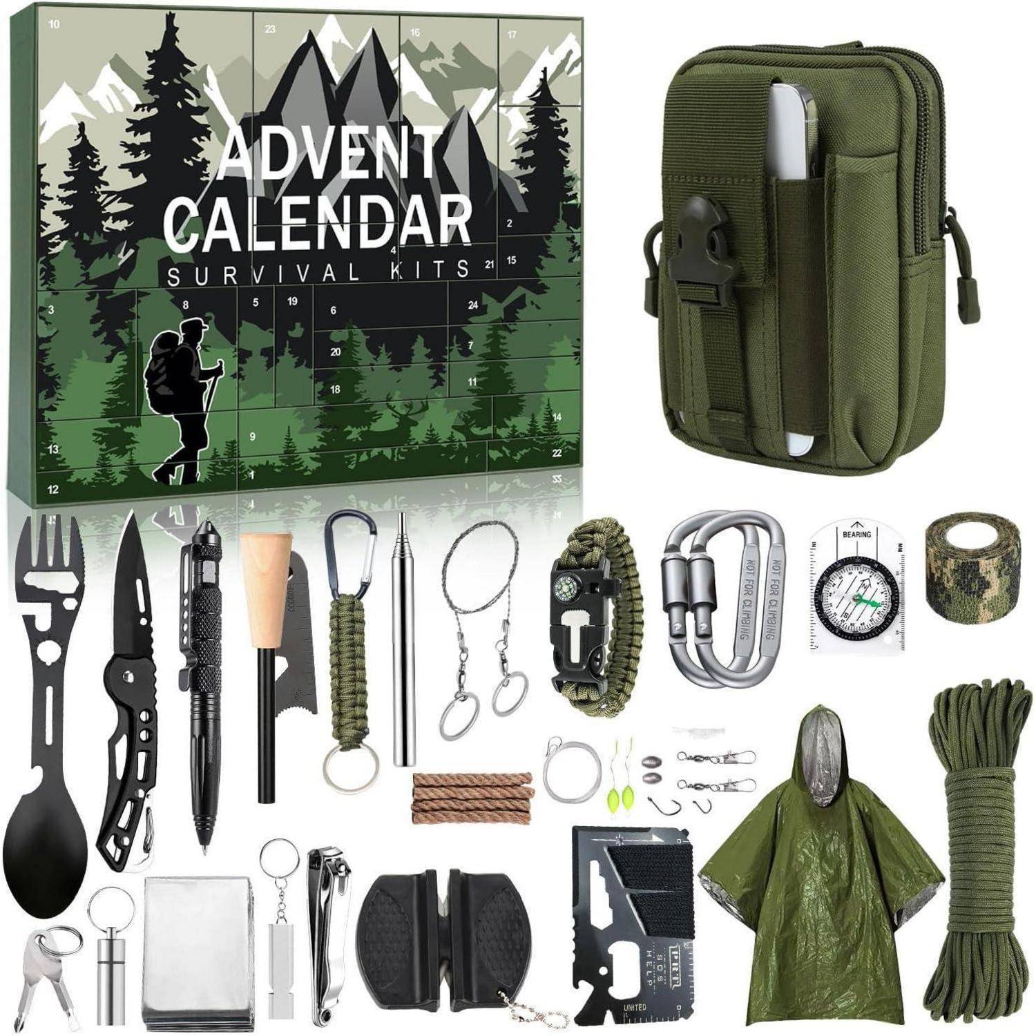 Survival-Adventskalender 24 Tage Hüfttasche Feuerbalg Poncho Outdoor
