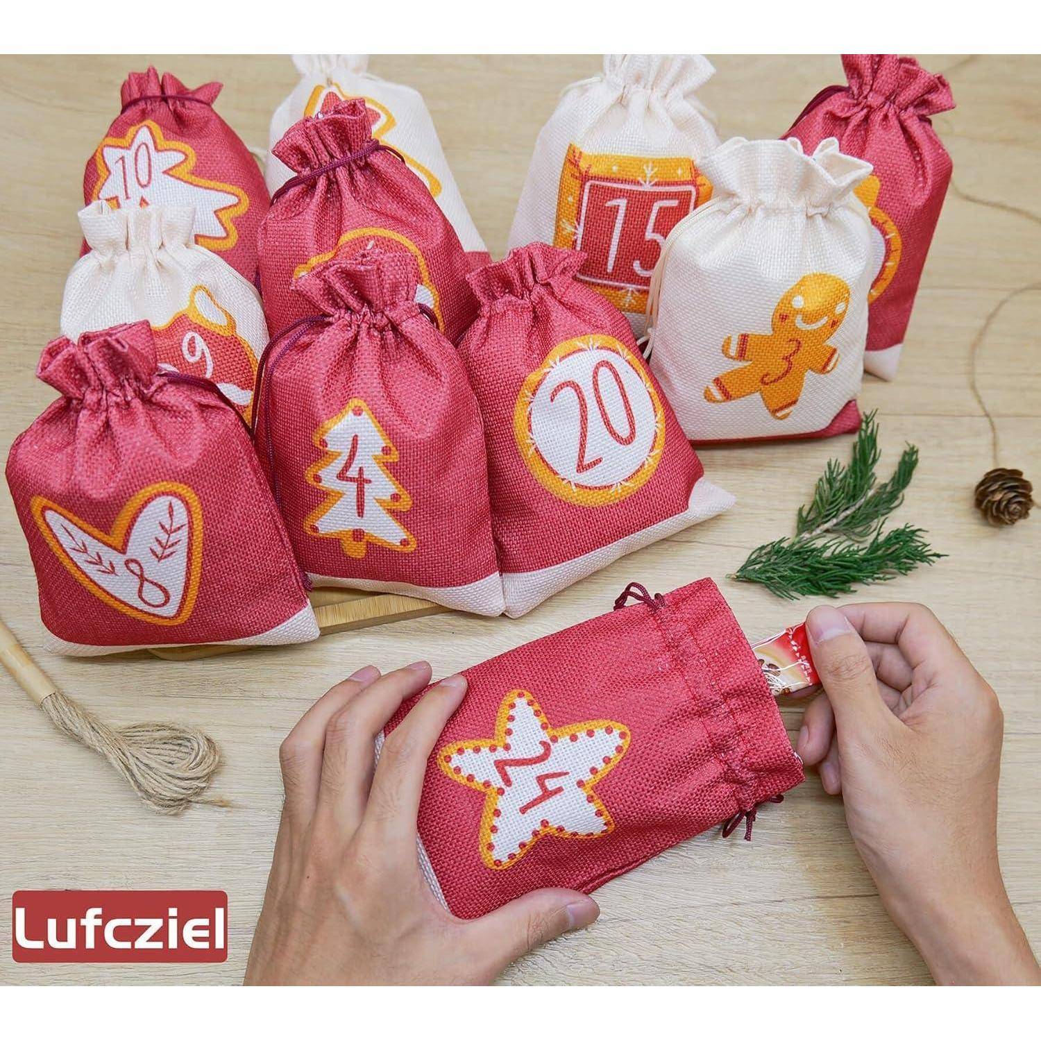 Adventskalender Säckchen Befüllen 24 Zahlen Rot 13x18cm Jute