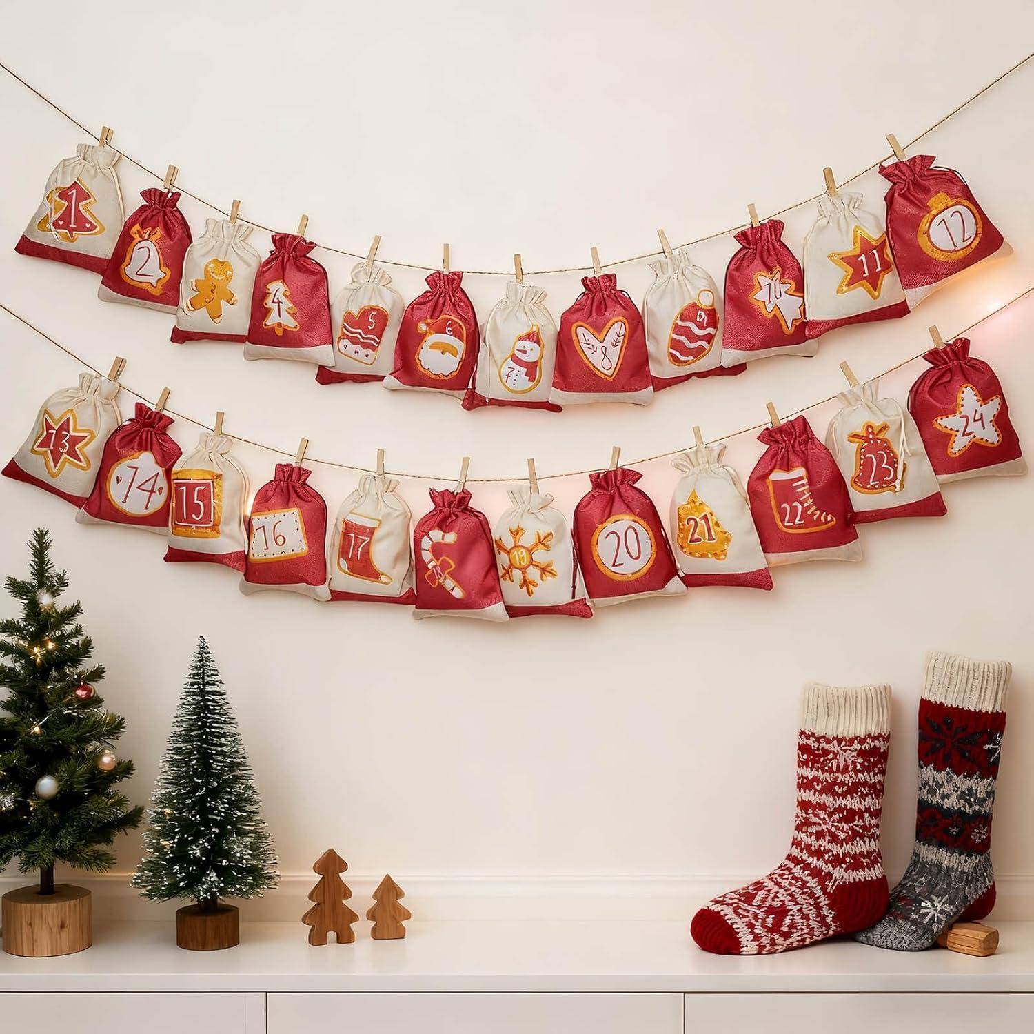 Adventskalender Säckchen Befüllen 24 Zahlen Rot 13x18cm Jute