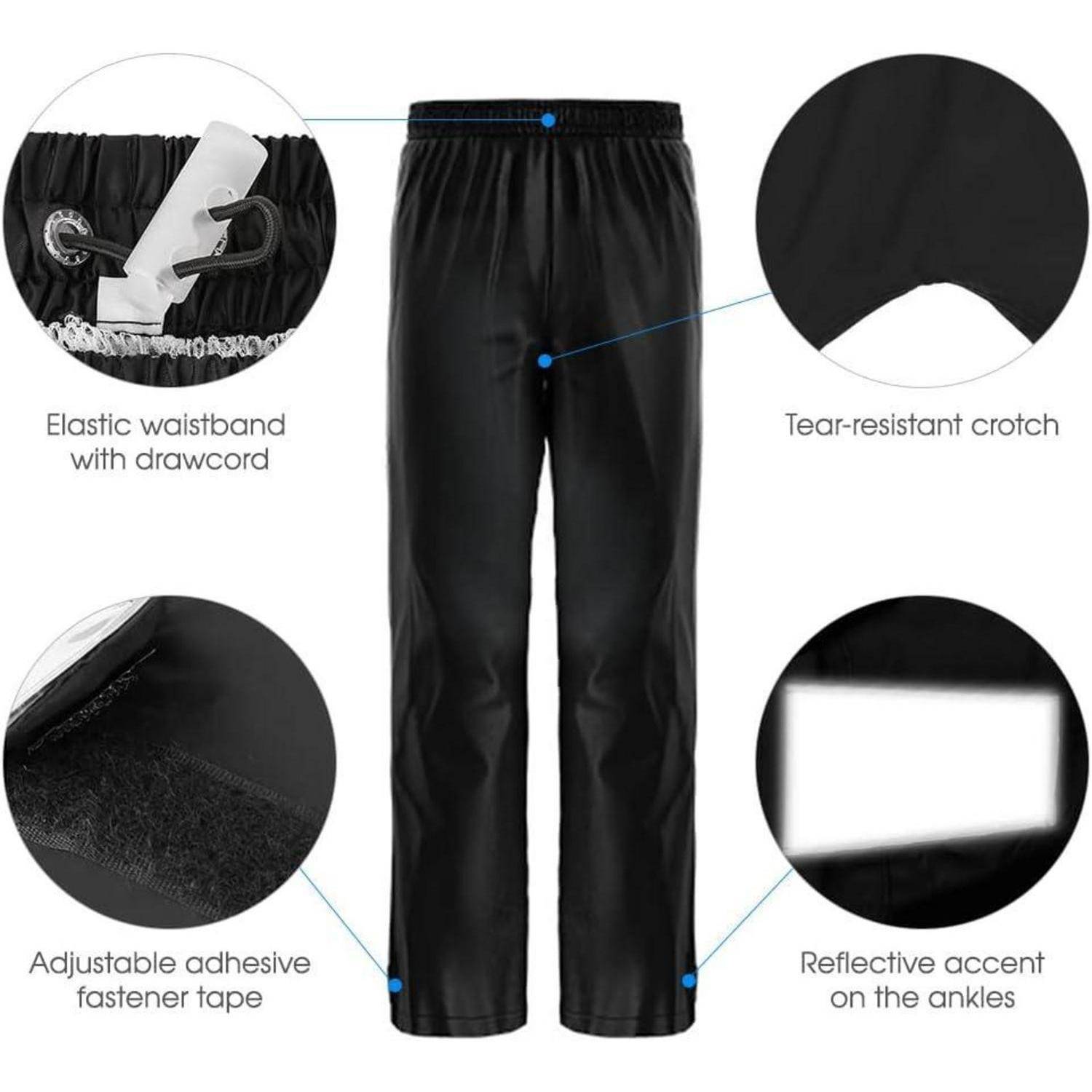 Schwarze Regenhose mit 'elastischem Bund mit Kordelzug', 'reißfester Schritt', 'verstellbarem Klettverschluss' und 'reflektierenden Akzenten an den Knöcheln'.