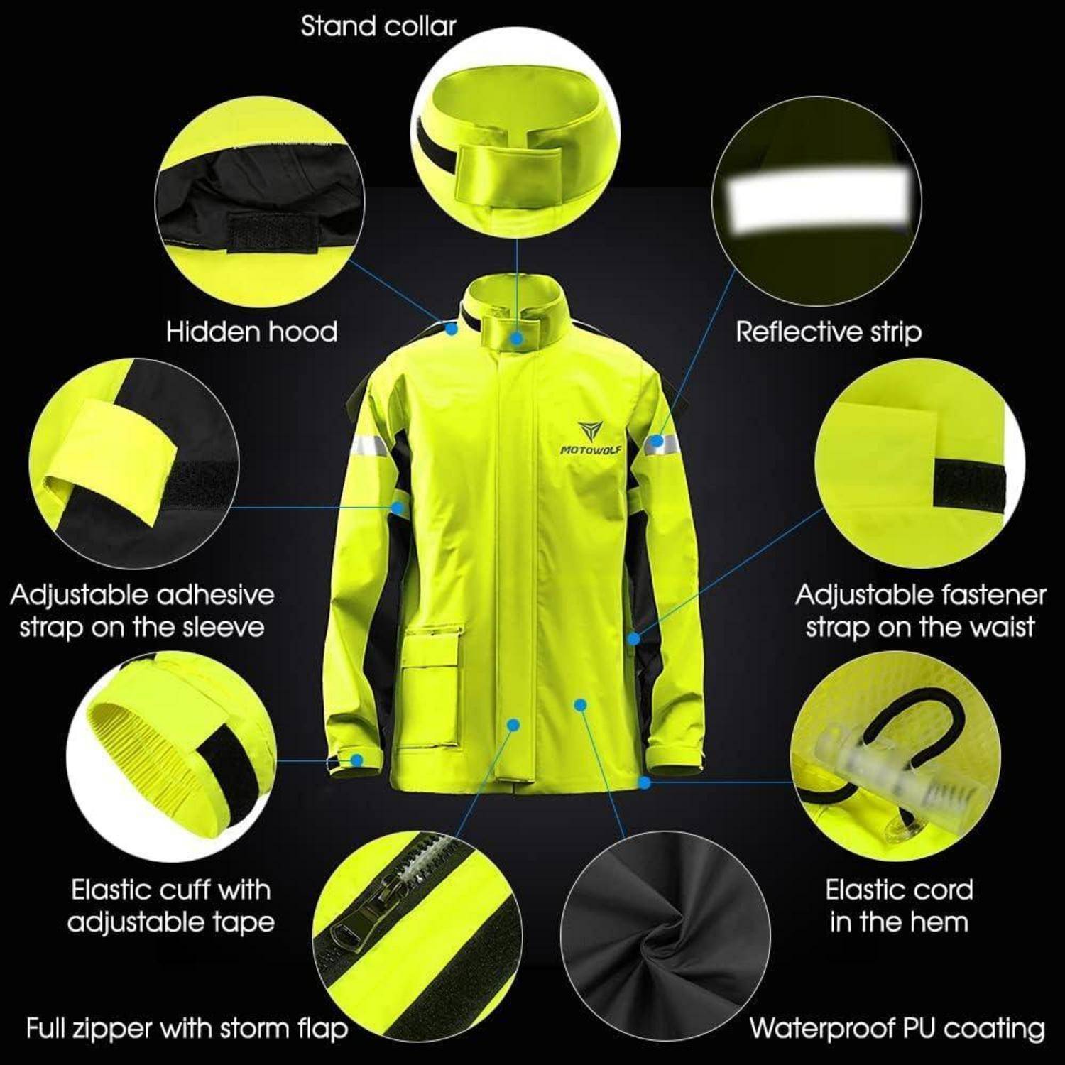 Gelbe Sicherheitsjacke mit reflektierenden Streifen und verstellbaren Elementen, einschließlich eines Stehkragens, versteckter Kapuze, elastischen Manschetten und durchgehendem Reißverschluss mit Sturmklappe.