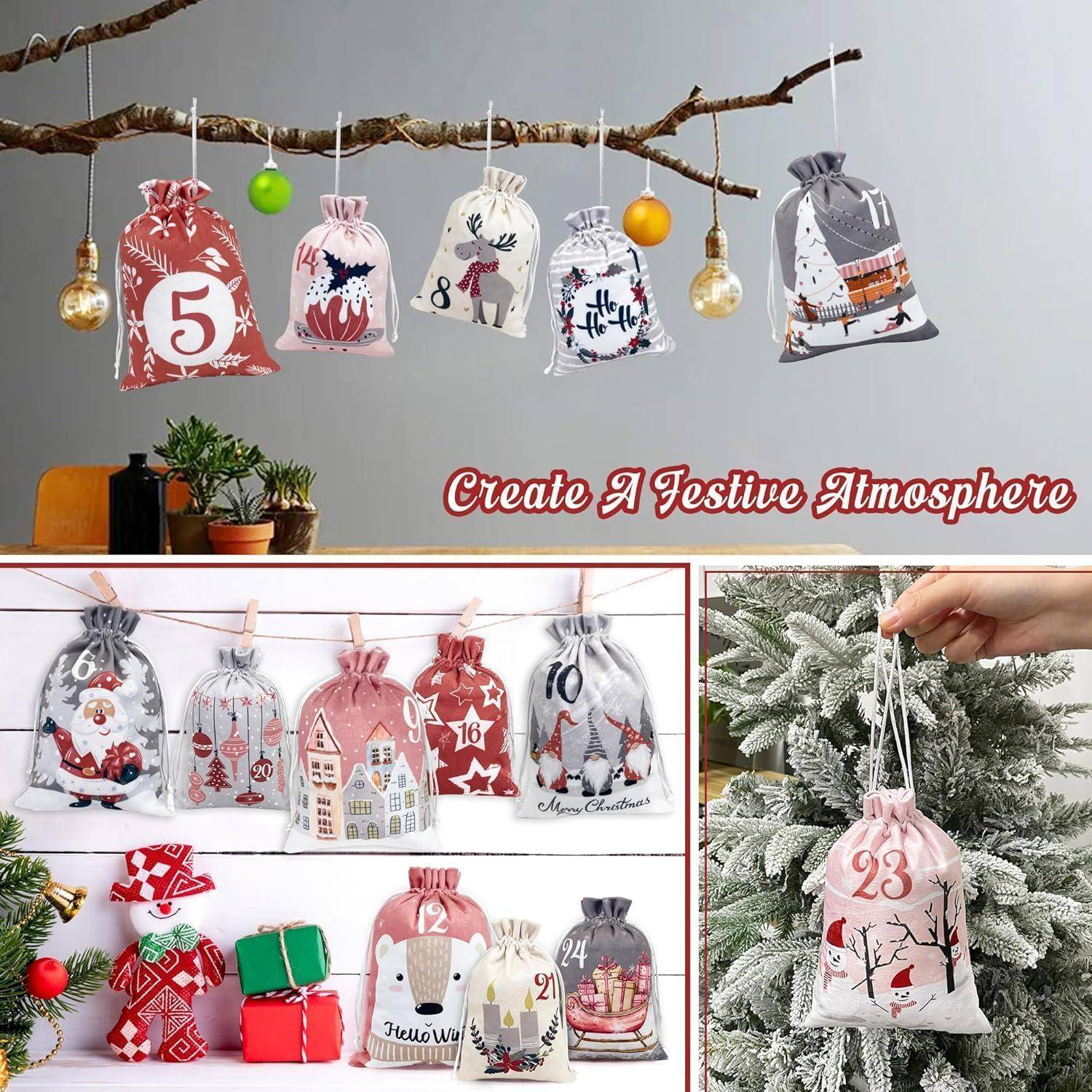 Adventskalender 2025 24 große Velours Säckchen zum Befüllen für Kinder