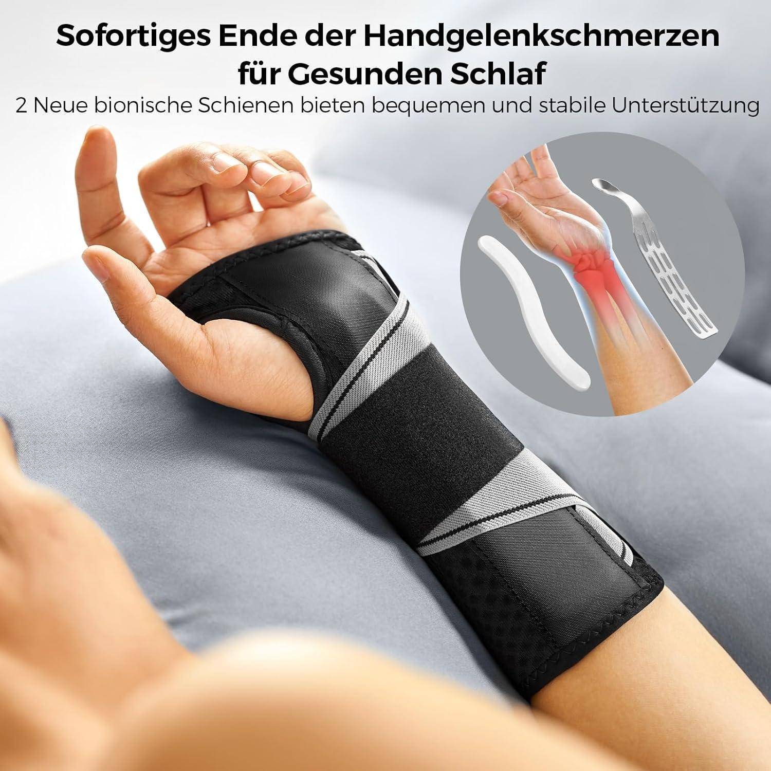 Eine Person, die eine schwarze Handgelenkbandage mit der Aufschrift ‚Sofortiges Ende der Handgelenkschmerzen für gesunden Schlaf' trägt und damit die Nutzung einer Handgelenkstütze demonstriert.