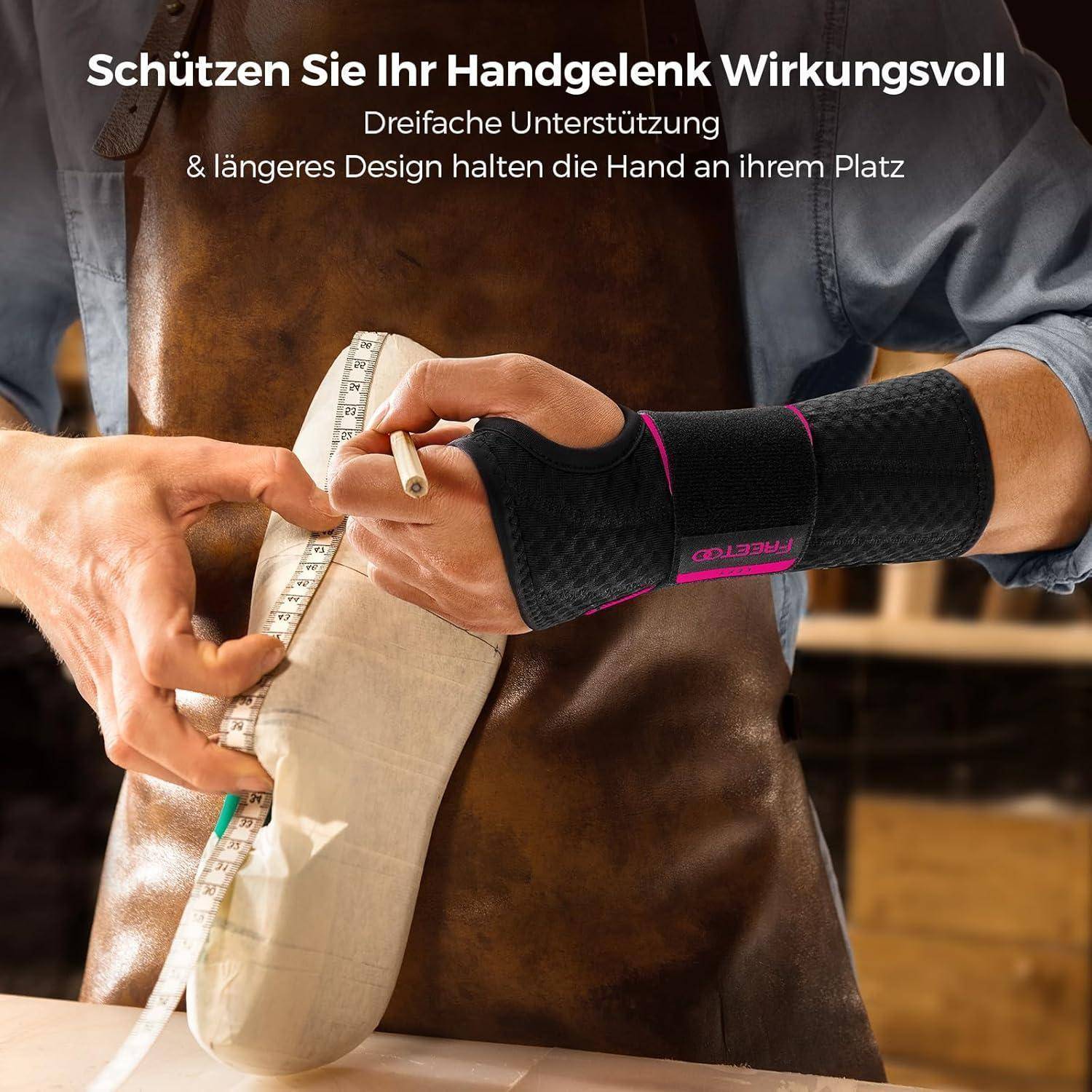 Eine Person mit einer Handgelenkbandage fertigt einen Schuh auf einem Leisten an. Der deutsche Text bewirbt die Unterstützung des Handgelenks und die Designvorteile.