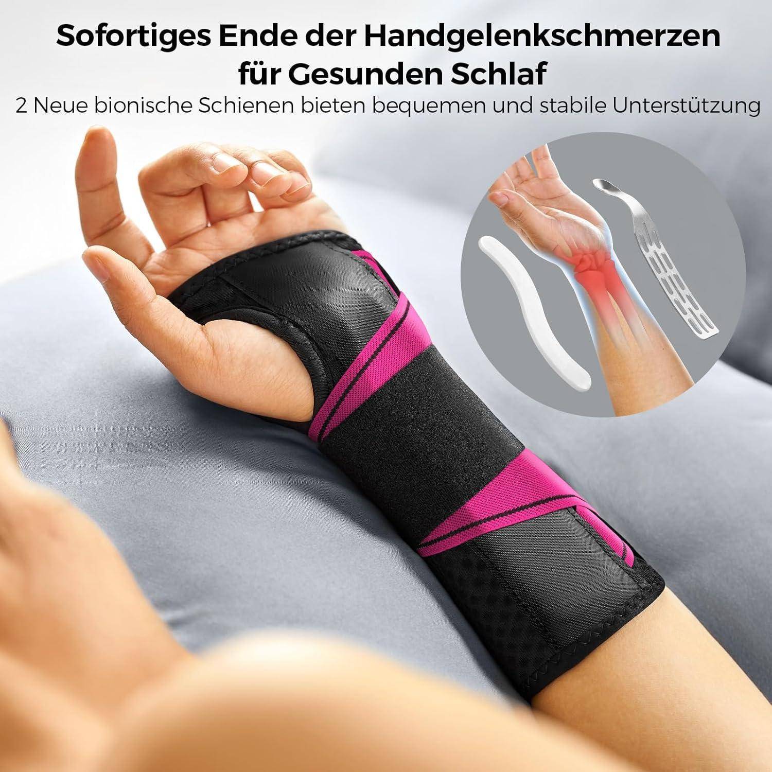 Eine Hand ist zu sehen, die einen schwarz-pinken Handgelenkschutz trägt und liegt. Ein Einsatzbild betont die Unterstützung des Schutzes bei Handgelenkschmerzen. Der deutsche Text erwähnt ‚Sofortiges Ende der Handgelenkschmerzen.