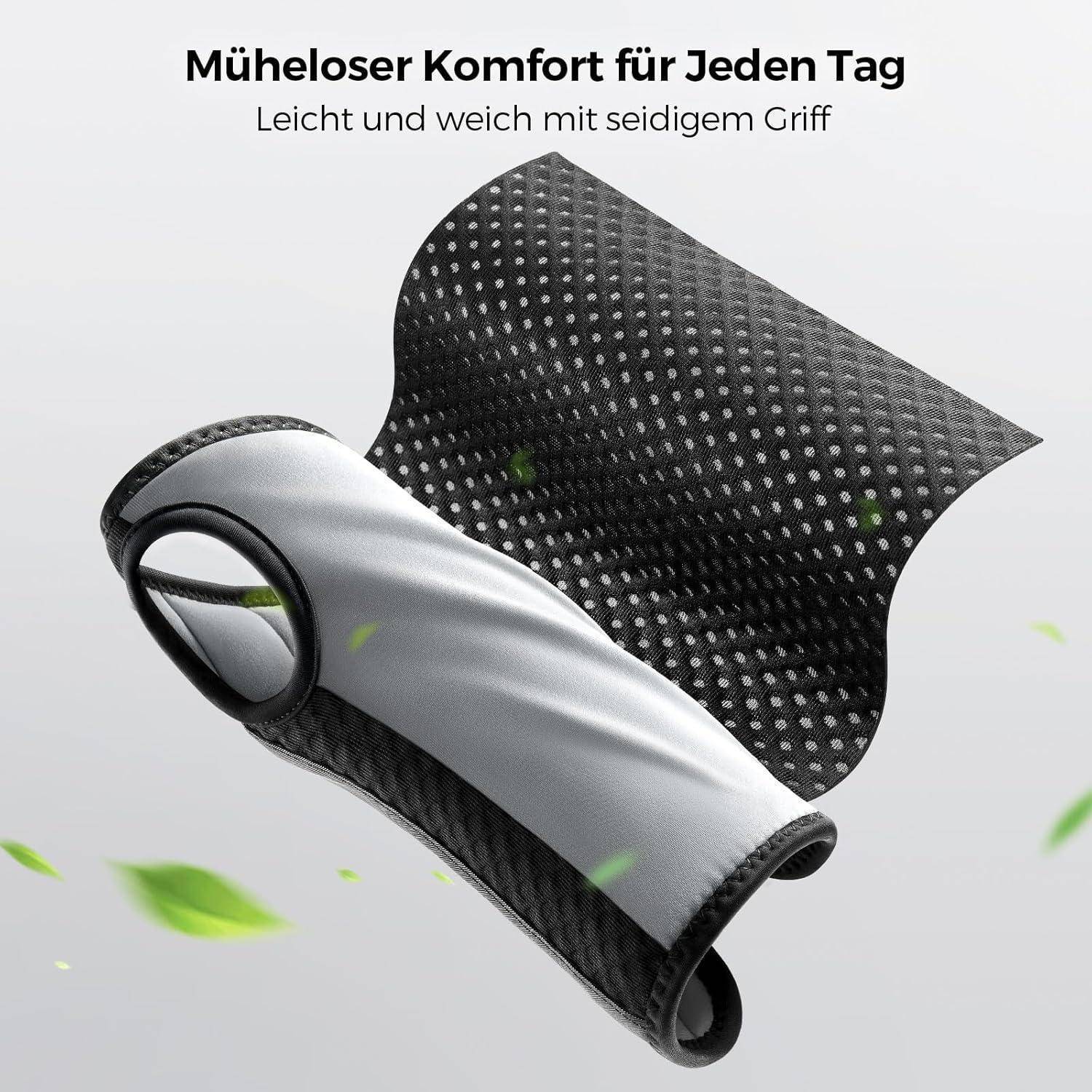 Schwarzer und grauer ergonomischer Sitzbezug mit atmungsaktivem Netzdesign und grünen Blattakzenten. Text auf Deutsch bewirbt Komfort und Griffigkeit.