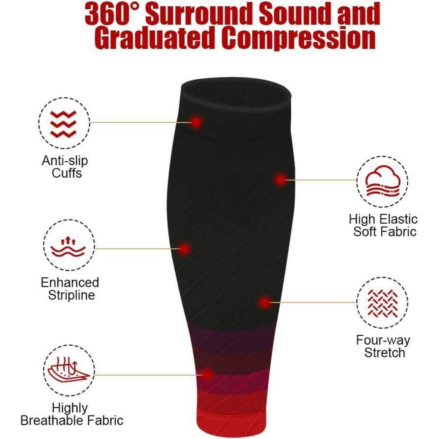 Eine 360-Grad-Surround-Sound- und graduierte Kompressionsbeinstulpe wird gezeigt, die rutschfeste Bündchen, verstärkte Streifenlinie, atmungsaktives Gewebe, hochelastischen weichen Stoff und Vier-Wege-Stretch hervorhebt.