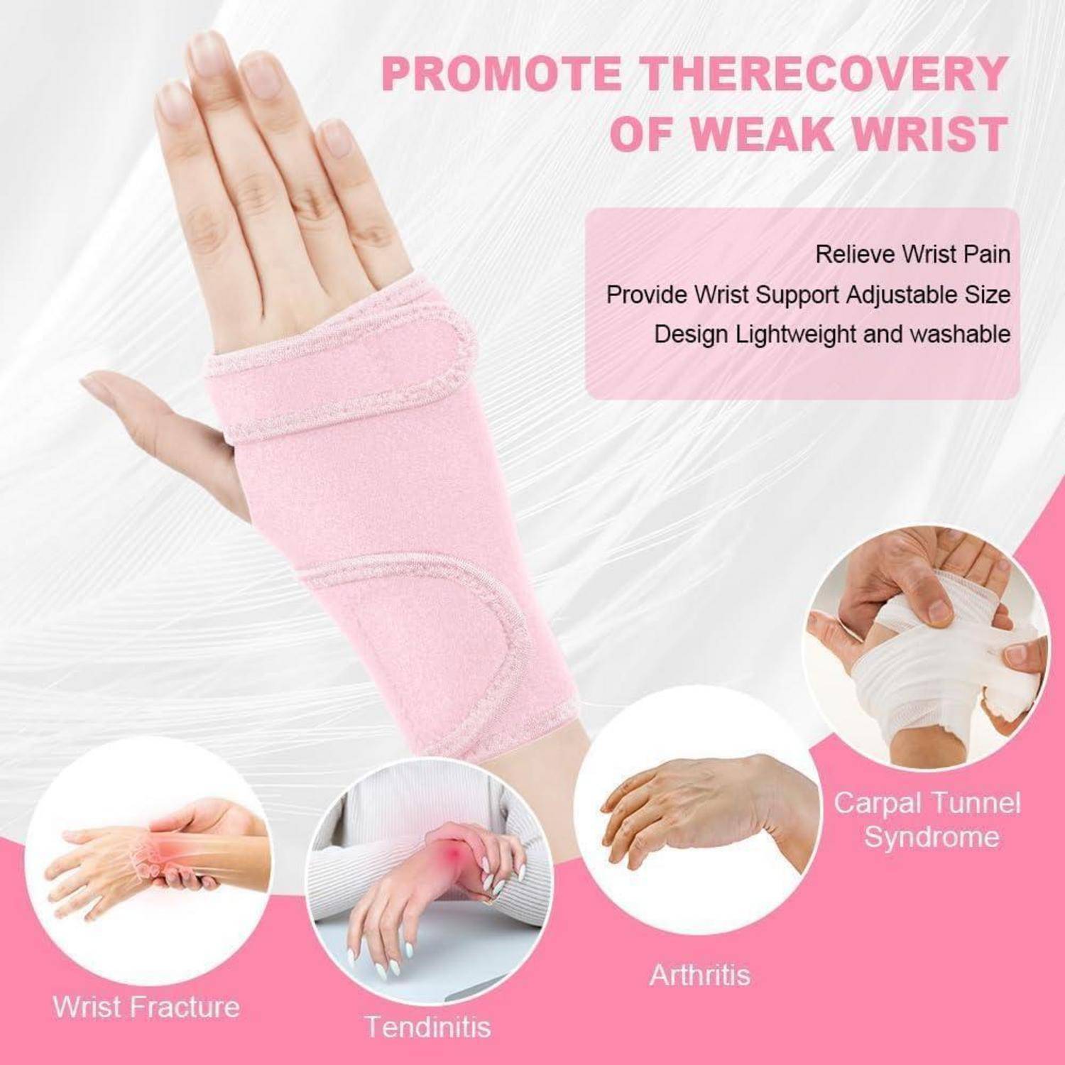 Eine Hand mit einer rosa Handgelenkschiene signalisiert Unterstützung für verschiedene Erkrankungen wie Karpaltunnelsyndrom, Sehnenentzündung, Arthritis und Handgelenkfrakturen.