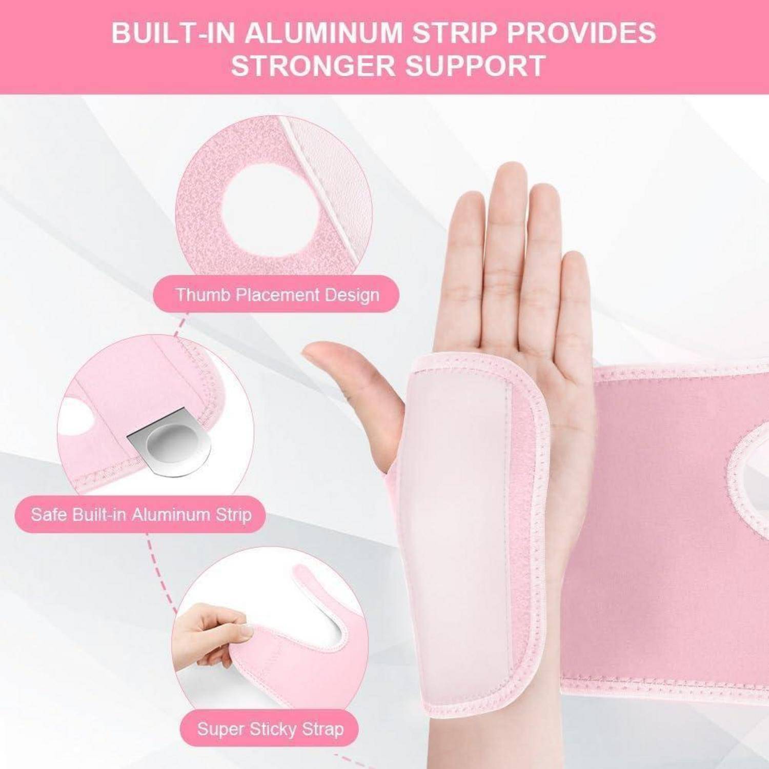 Eine Person trägt einen pinken Handgelenkschutz mit einer Daumenfixierungsdesign, einer Aluminiumstrebe zur Unterstützung und einem extrem haftenden Riemen für einen sicheren Sitz.