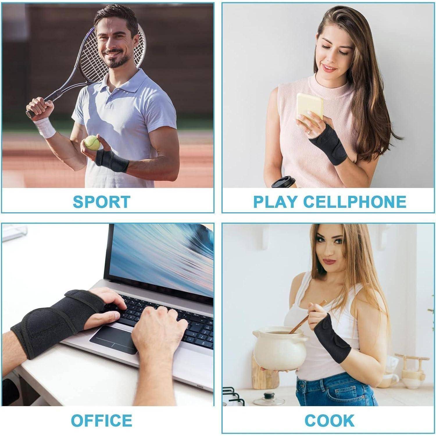 SPORT': Person mit Handgelenkstütze, die einen Tennisschläger hält. 'PLAY CELLPHONE': Person, die ein Mobiltelefon mit Handgelenkstütze benutzt. 'OFFICE': Hände, die an einem Laptop mit Handgelenkstütze tippen. 'COOK': Person, die mit Handgelenkstütze kocht.