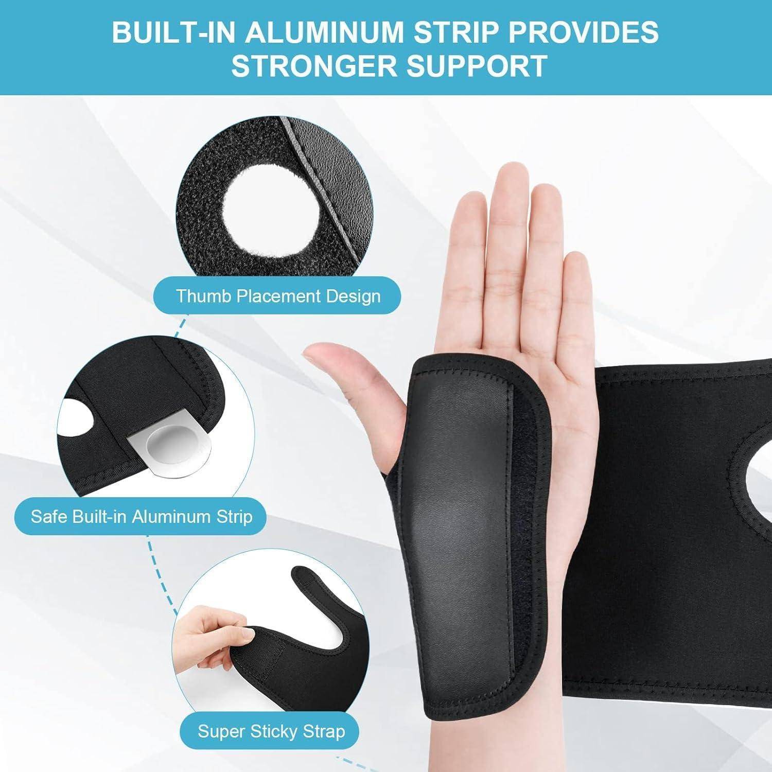 Ein Handmodel präsentiert einen Handgelenk- und Daumenschutz mit einer Aluminiumschiene zur Unterstützung, mit einer speziellen Daumenpositionierung und einem haftenden Riemen.
