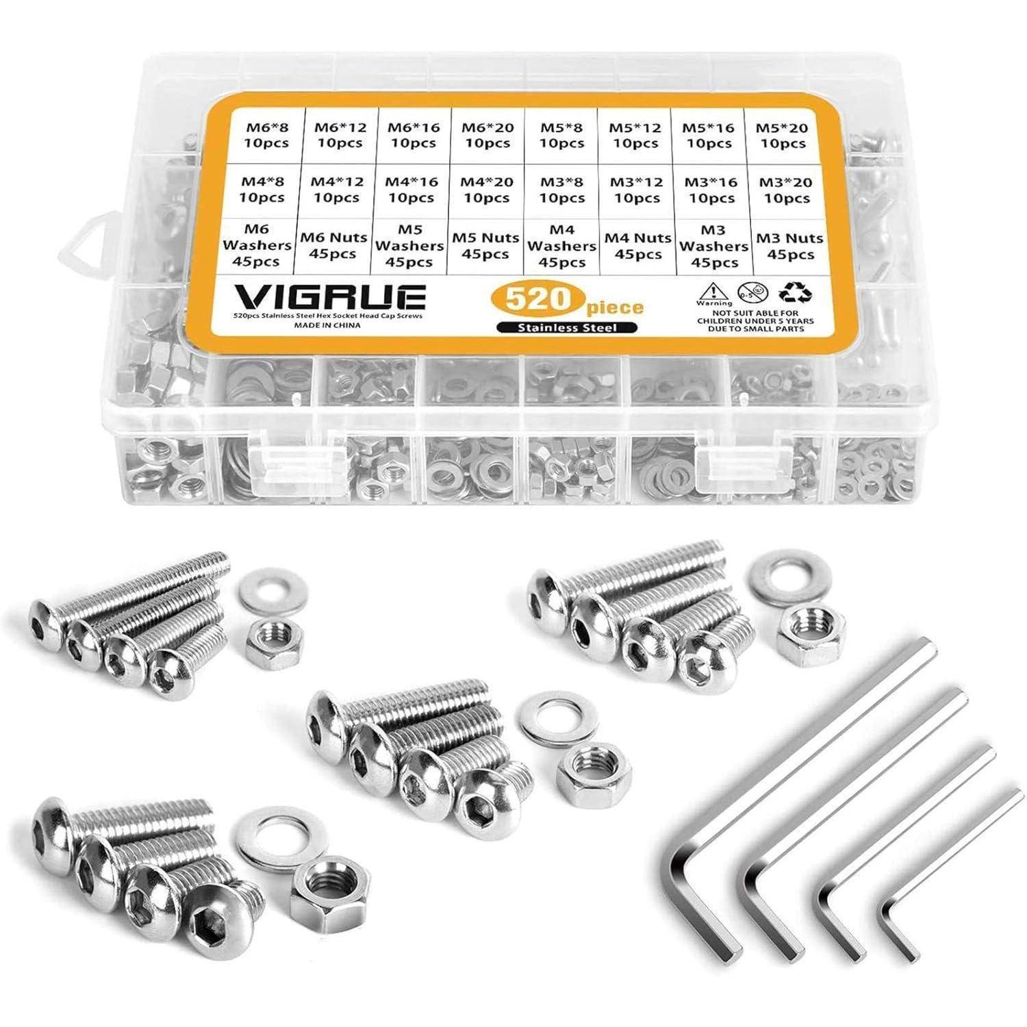 Ein Set mit 520 Edelstahlteilen, einschließlich verschiedener Größen von Schrauben, Muttern, Unterlegscheiben und Sechskantschlüsseln, in einer beschrifteten Box organisiert.