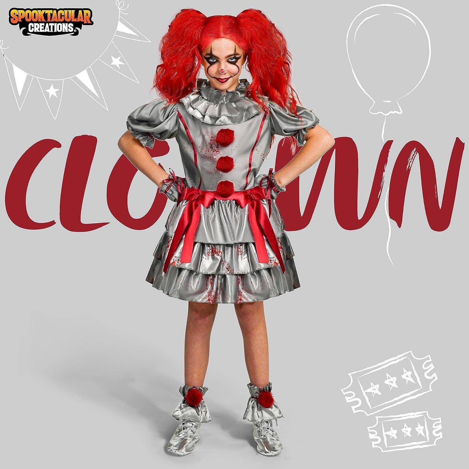 Eine Person in einem Clownskostüm mit roten Haaren und einem silbernen Outfit steht lächelnd. Der Hintergrund zeigt verspielt grafische Elemente und das Wort 'CLOWN'.