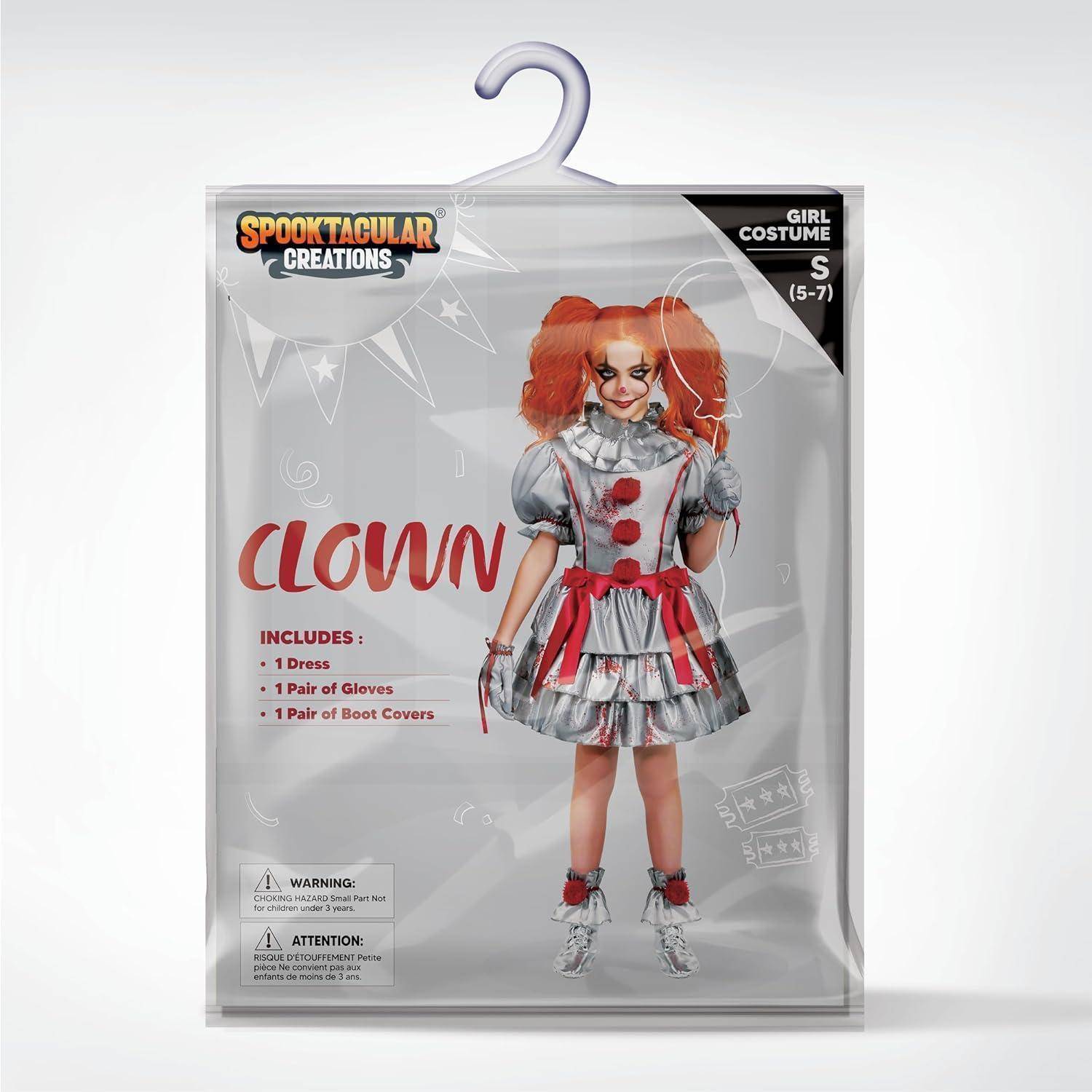 Verkleidungsset für ein Mädchen-Clownskostüm enthält ein Kleid, Handschuhe und Schuhüberzieher. Das Kostüm zeichnet sich durch ein rot-graues Farbschema mit einem Tutu aus. Geeignet für Größen 5-7.